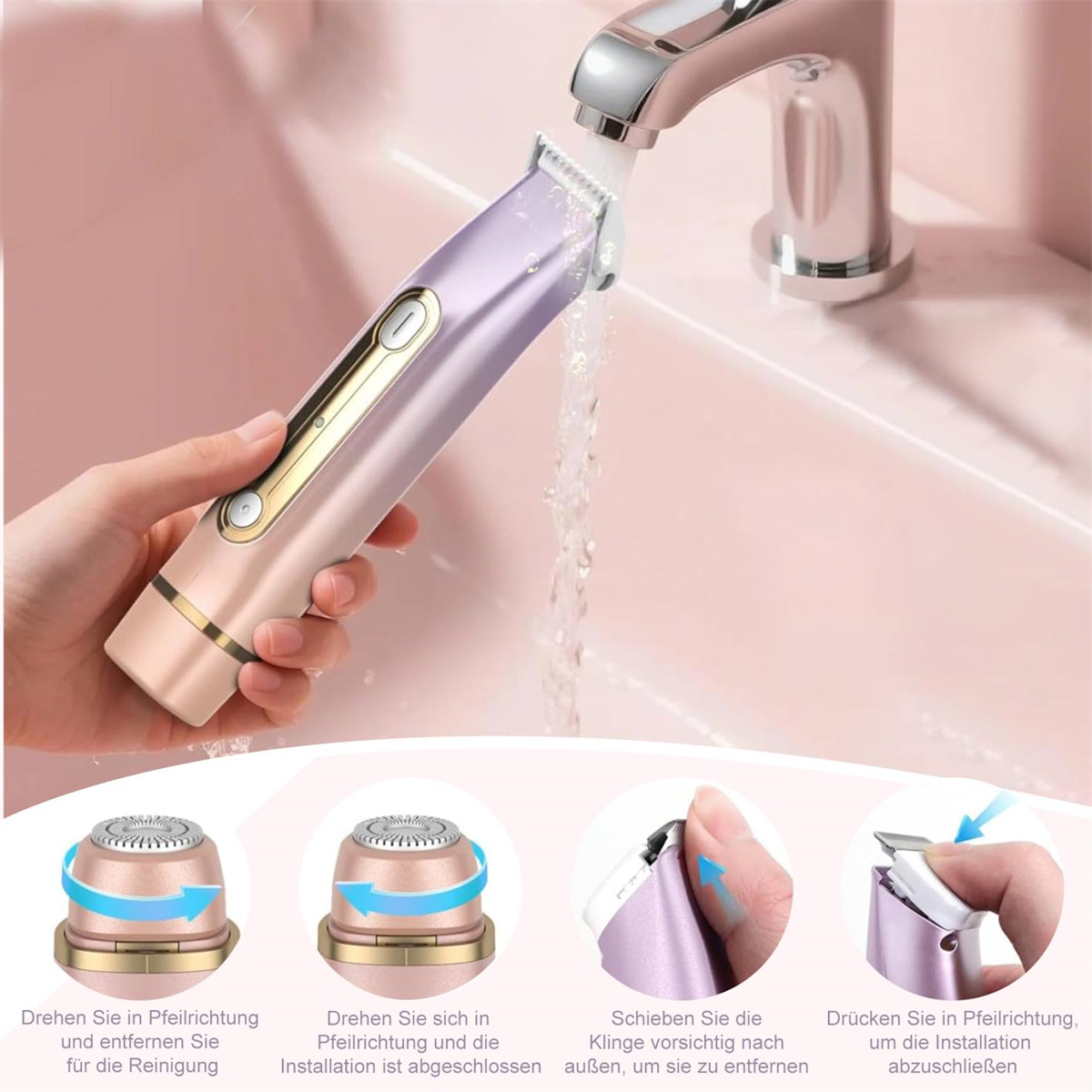Die Hand einer Frau wäscht einen Trimmer unter einem Wasserhahn. Es gibt vier Bilder, die den Reinigungs- und Installationsprozess zeigen.