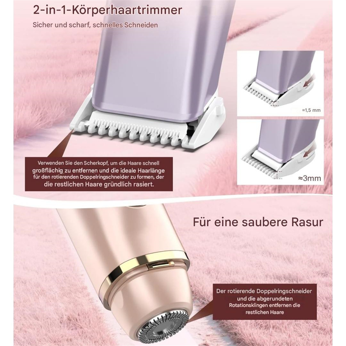 Nahaufnahme eines 2-in-1-Körperhaartrimmers. Er hat einen lila Kopf und eine weiße Klinge. Das Diagramm zeigt die Klingengröße.