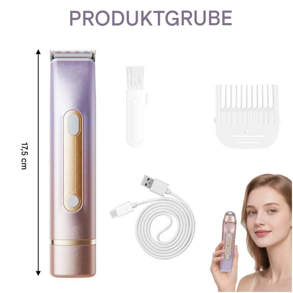 Produktdarstellung von Trimmer und Zubehör. Eine Frau hält den Trimmer. Enthält eine Bürste, ein USB-Kabel und einen Kamm.