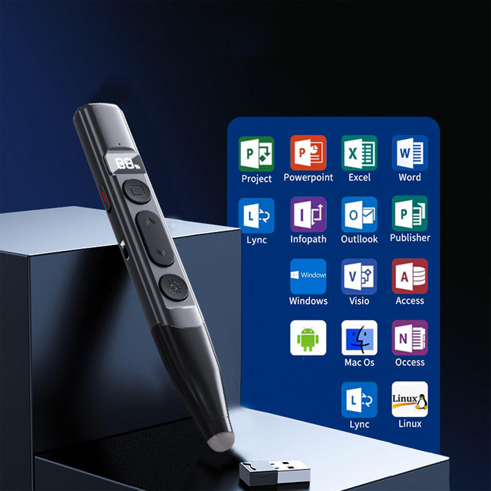 Ein schwarzer Präsentationsstift mit Tasten und einem LCD-Bildschirm auf dunklem Hintergrund. Software-Symbole.