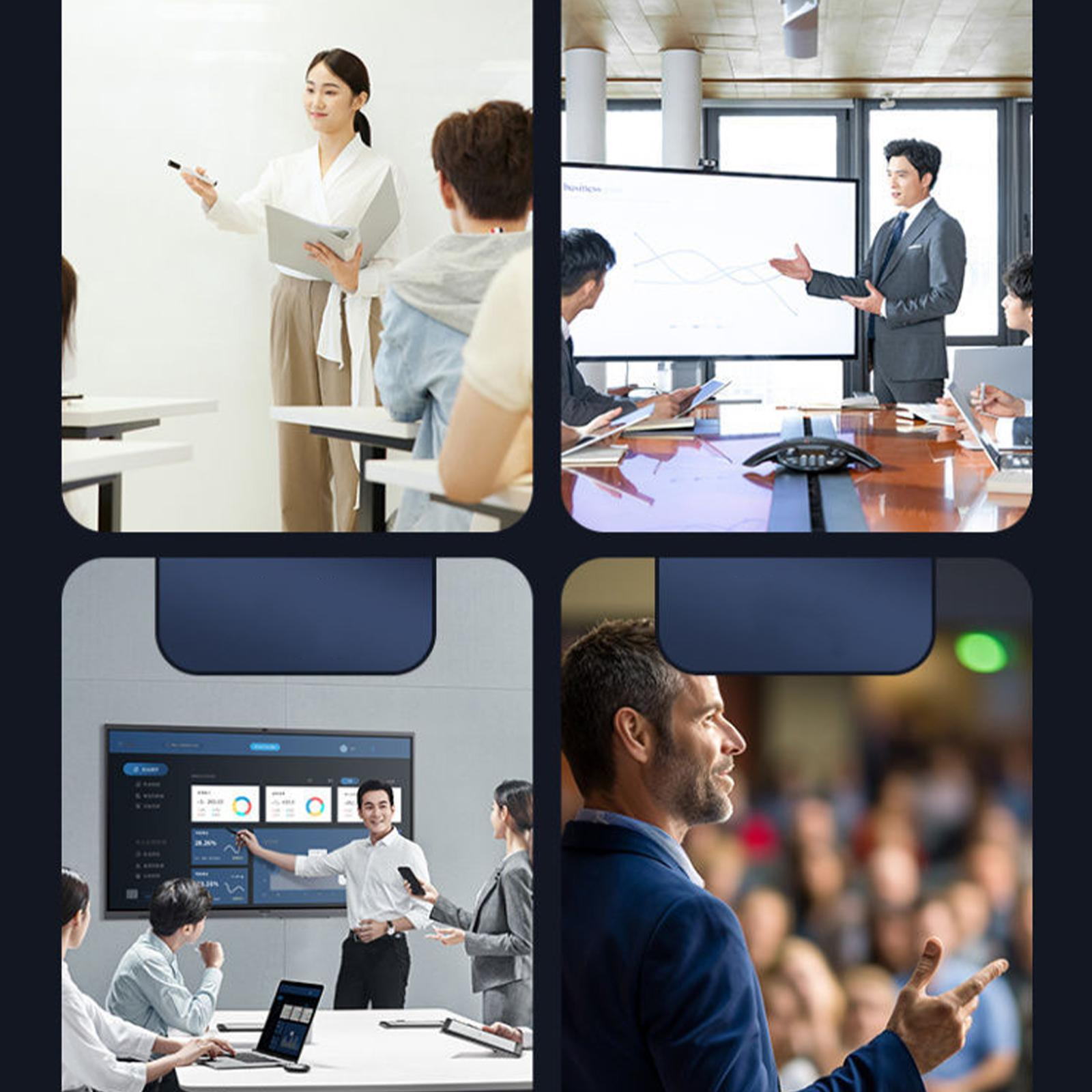 Eine Collage von vier Bildern, die Präsentationen und Meetings zeigen. Personen interagieren mit Bildschirmen.