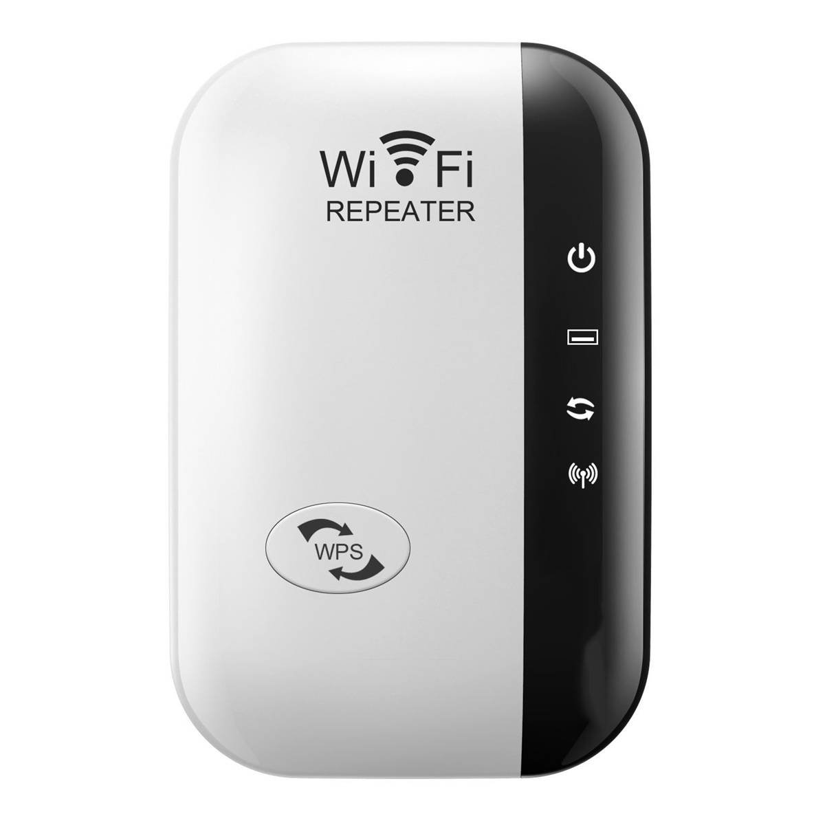 Ein weiß-schwarzer WLAN-Repeater. Er hat eine WPS-Taste und LED-Leuchten. Auf dem Gerät steht 'Wi-Fi Repeater'.