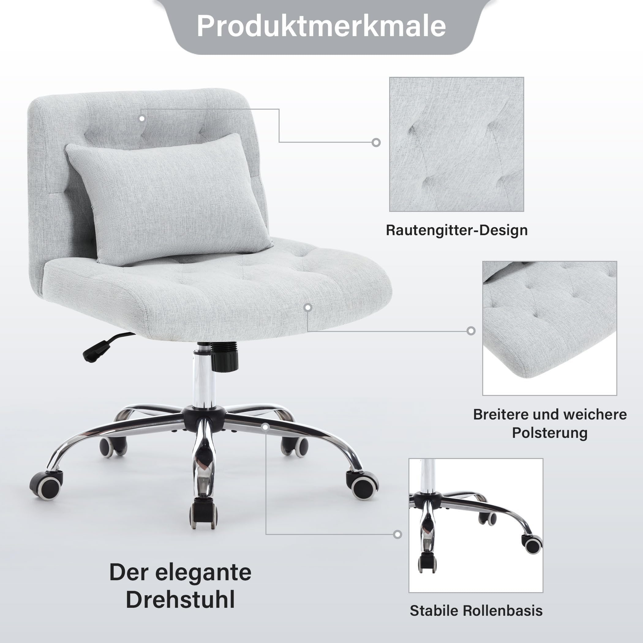 Hellgrauer Bürostuhl mit Kissen, Produktdetails, weißer Hintergrund.