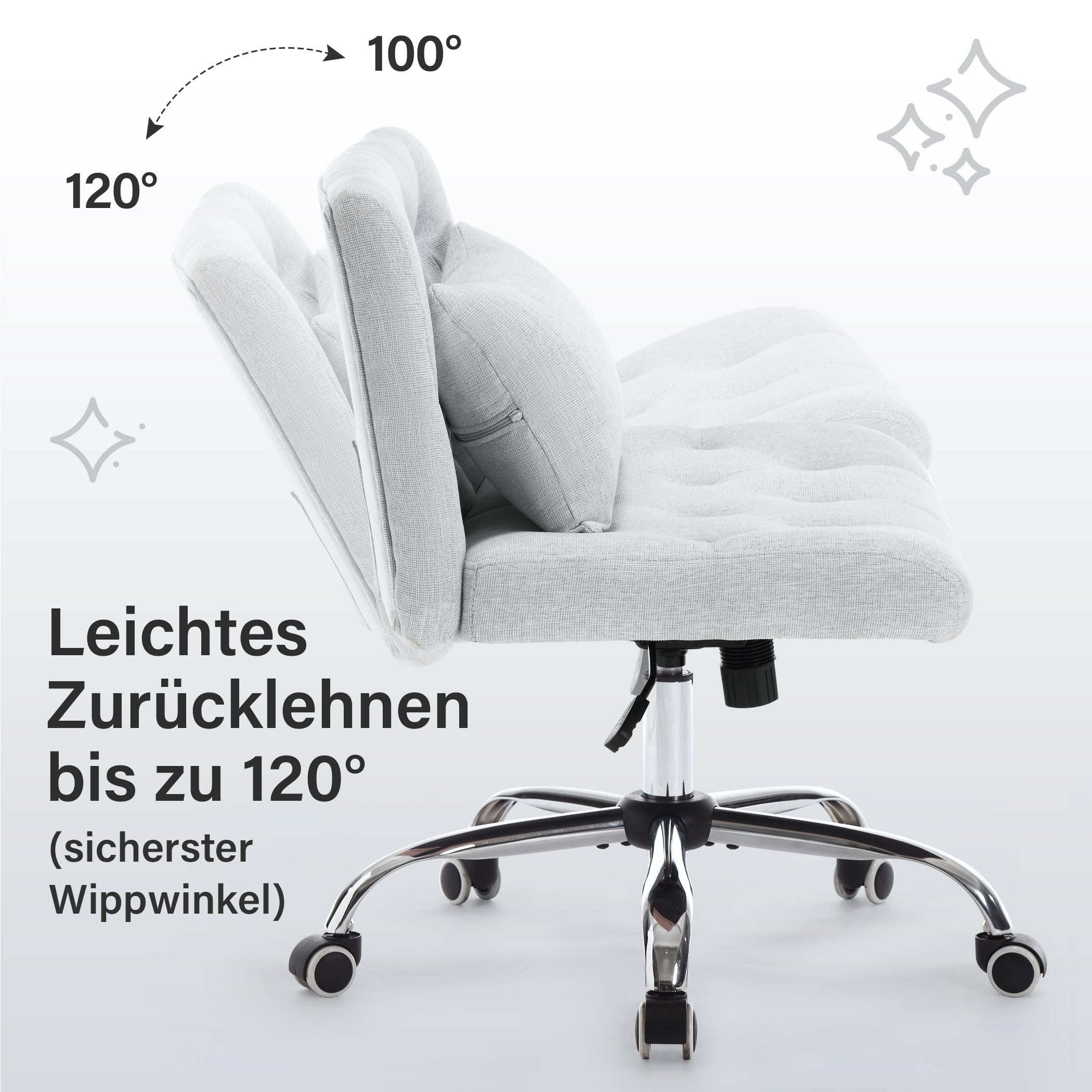 Hellgrauer Bürostuhl mit Kissen, zurückgelehnt.
