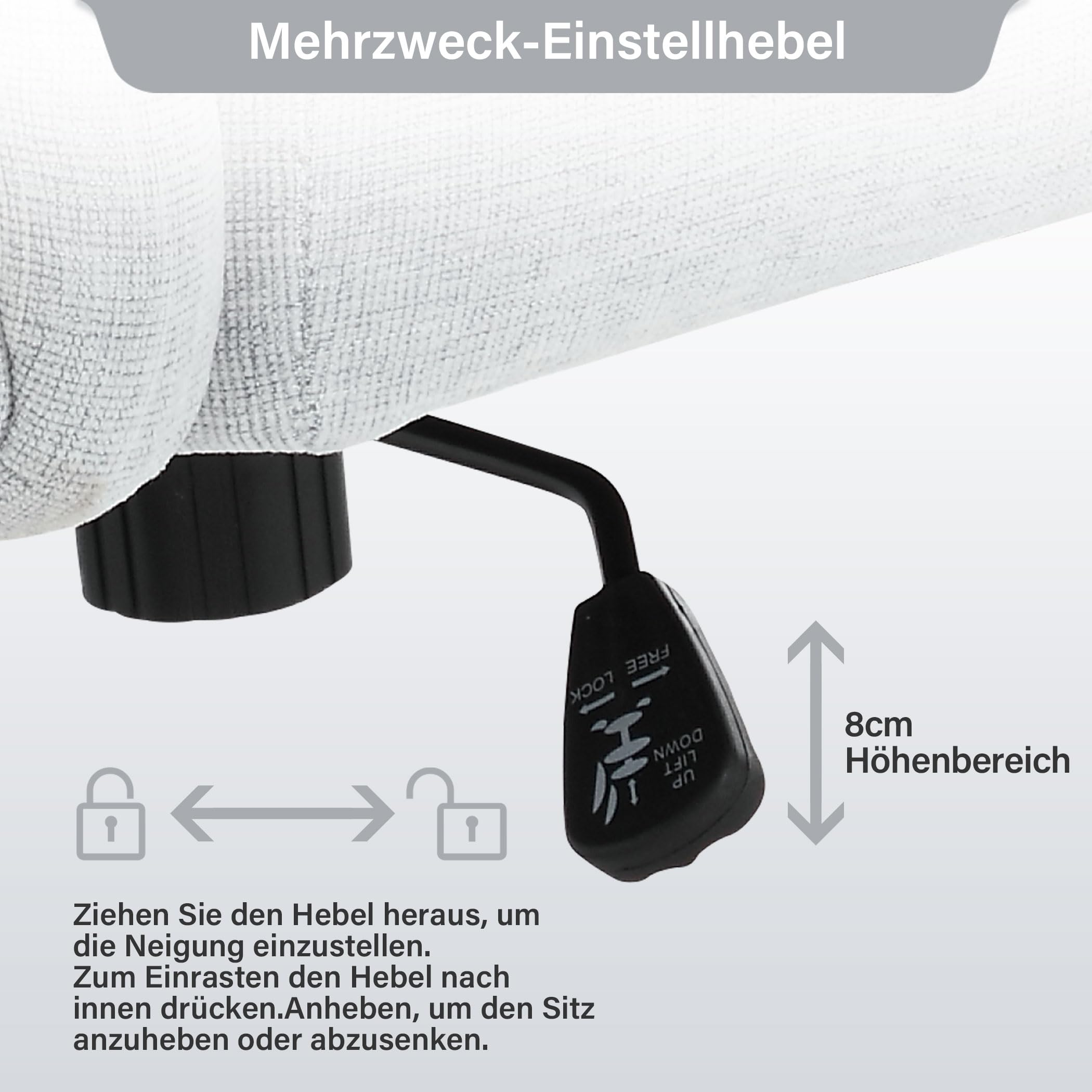 Nahaufnahme eines Bürostuhl-Verstellhebels mit Text und Pfeilen.