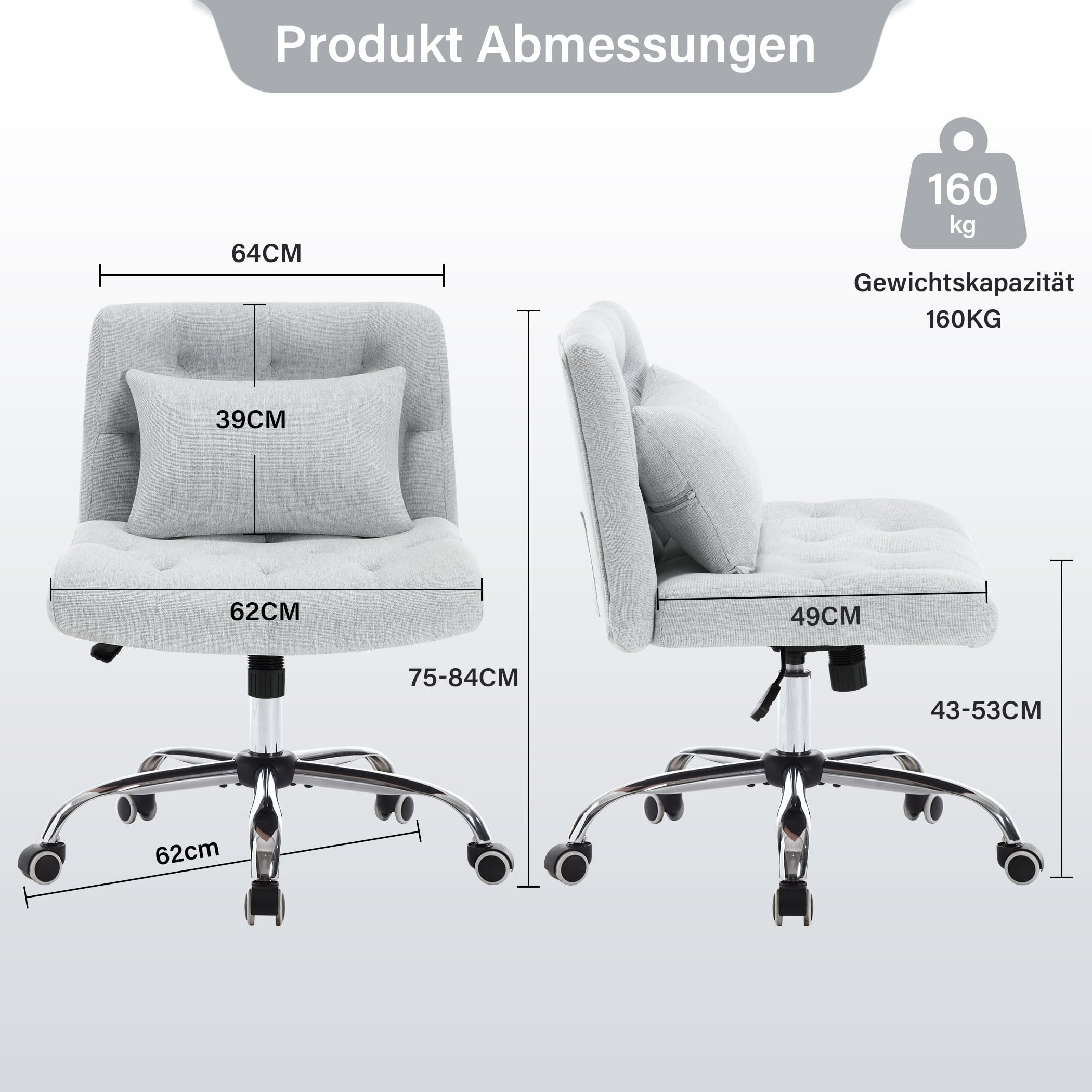 Grauer Bürostuhl mit beschrifteten Abmessungen. Zwei Ansichten des Stuhls mit Maßen in Zentimetern.