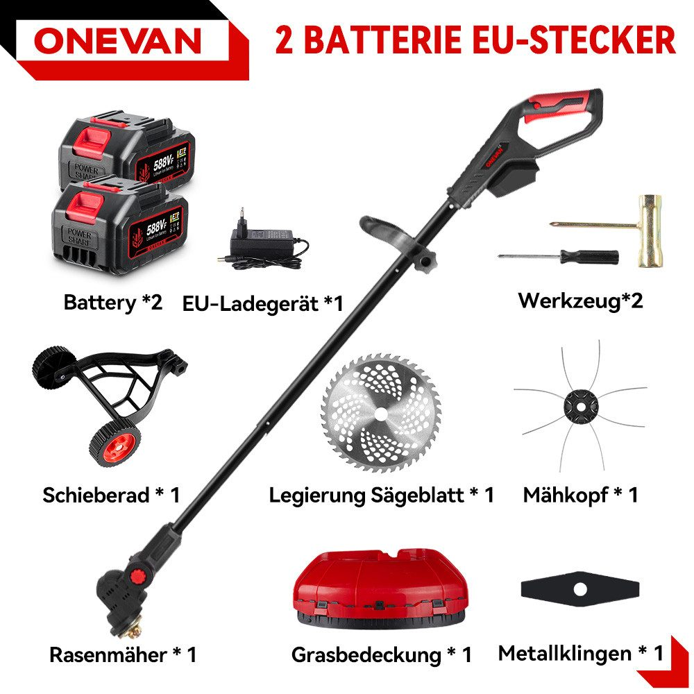 Ein Rasentrimmer, eine Batterie und andere Teile werden angezeigt. Der Text beschriftet jedes Teil auf Deutsch.