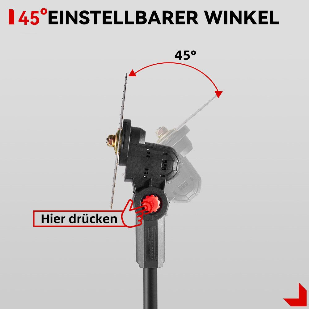 Nahaufnahme eines Rasentrimmerkopfes mit Klinge, Winkeleinstellung mit Text auf Deutsch beschriftet.