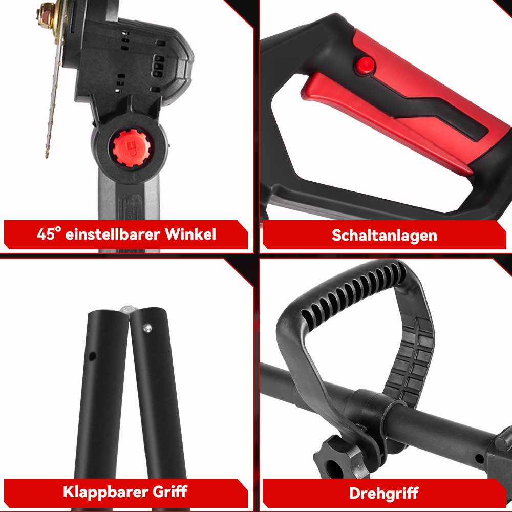 Nahaufnahmen von Trimmerkomponenten: einstellbarer Winkel, Schalter, klappbarer Griff und Drehgriff.