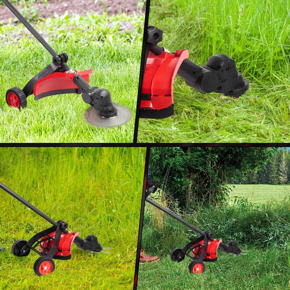 Vier Bilder, die einen Trimmer in Aktion auf verschiedenen Terrains zeigen: Gras, Unkraut und verschiedene Schnittstile.