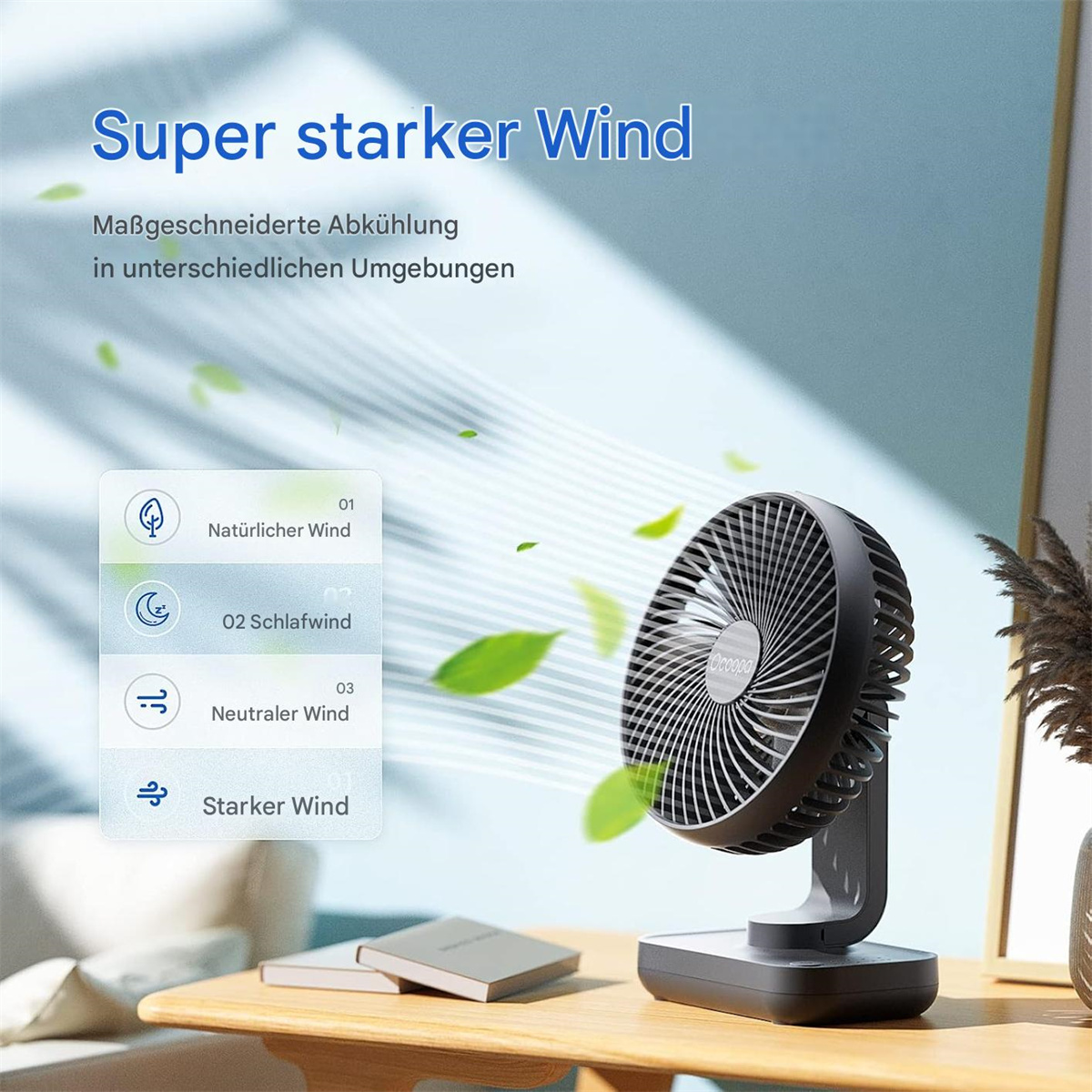 Ein schwarzer Ventilator auf einem Holztisch. Text hebt Merkmale hervor: natürlich, Schlaf, neutral und stärkere Windmodi.