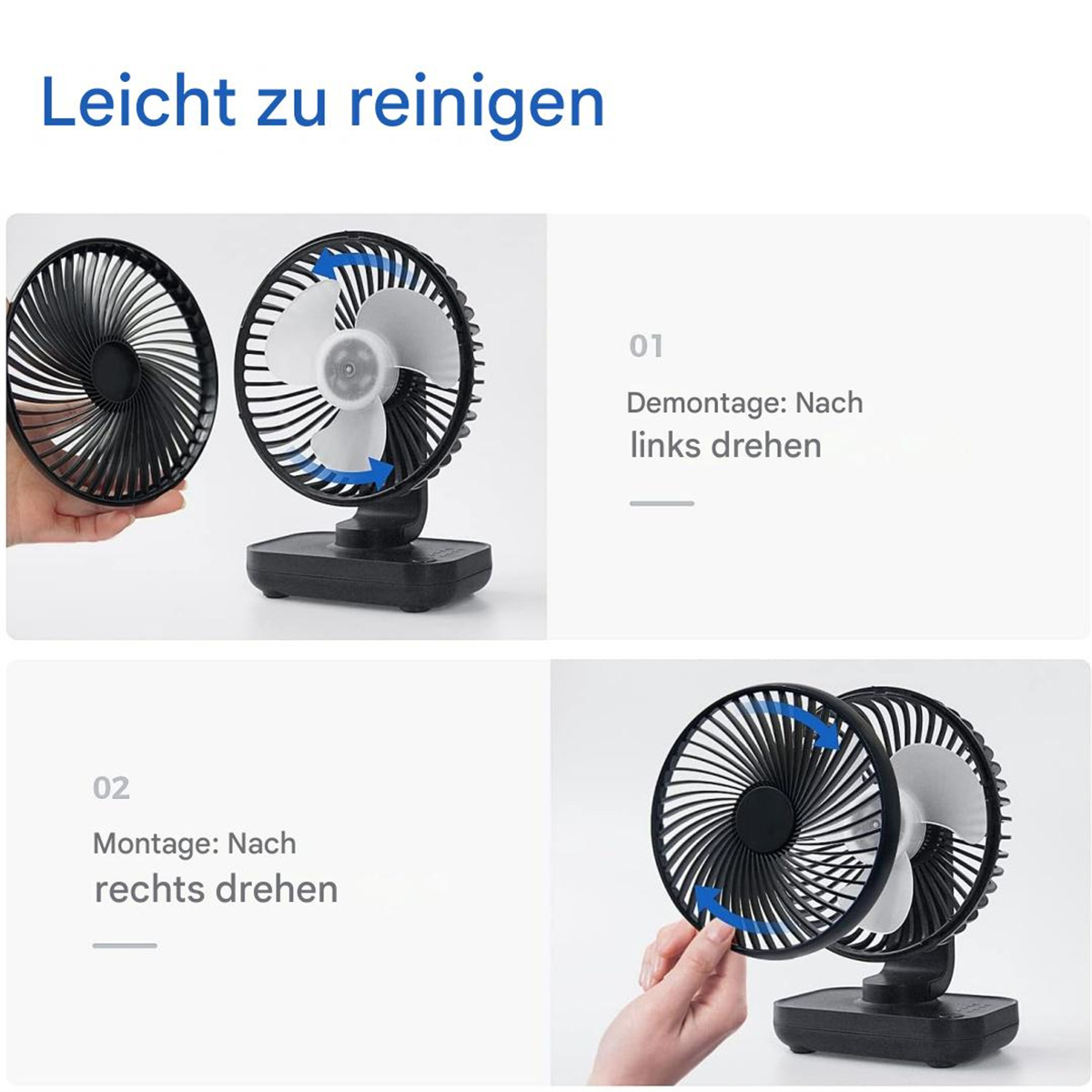 Zwei kleine Ventilatoren. Einer ist zerlegt, der andere montiert. Pfeile zeigen die Richtung für Montage und Demontage.