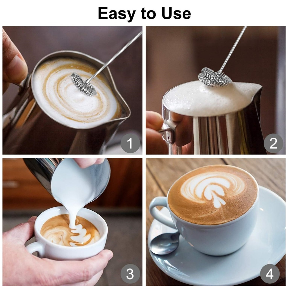Vier Bilder zeigen Schritte zum Aufschäumen von Milch und zum Erstellen von Latte Art in einer weißen Tasse auf einer Holzoberfläche.