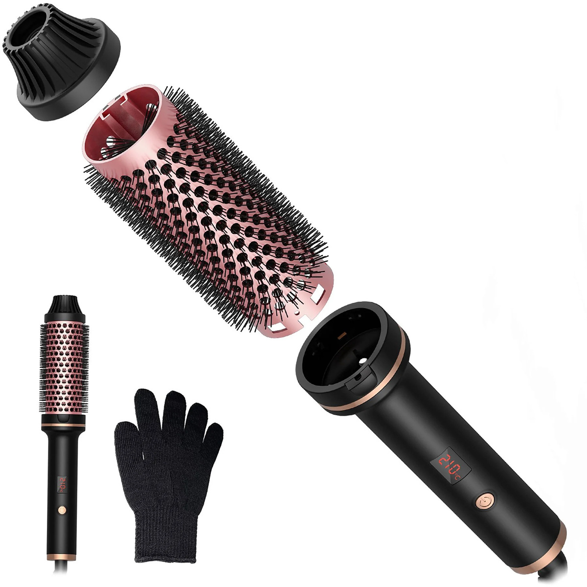 Explosionsdarstellung eines schwarz-roségoldenen Lockenstab-Sets mit Handschuh und Bürstenkopf.