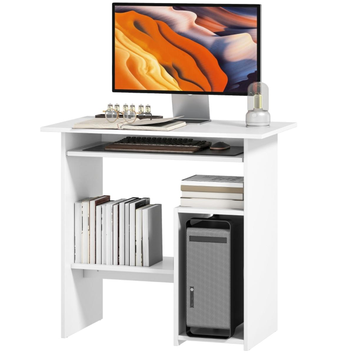 Weißer Computertisch mit Monitor, Tastatur und PC. Bücher und eine kleine Pflanze sind ebenfalls vorhanden.
