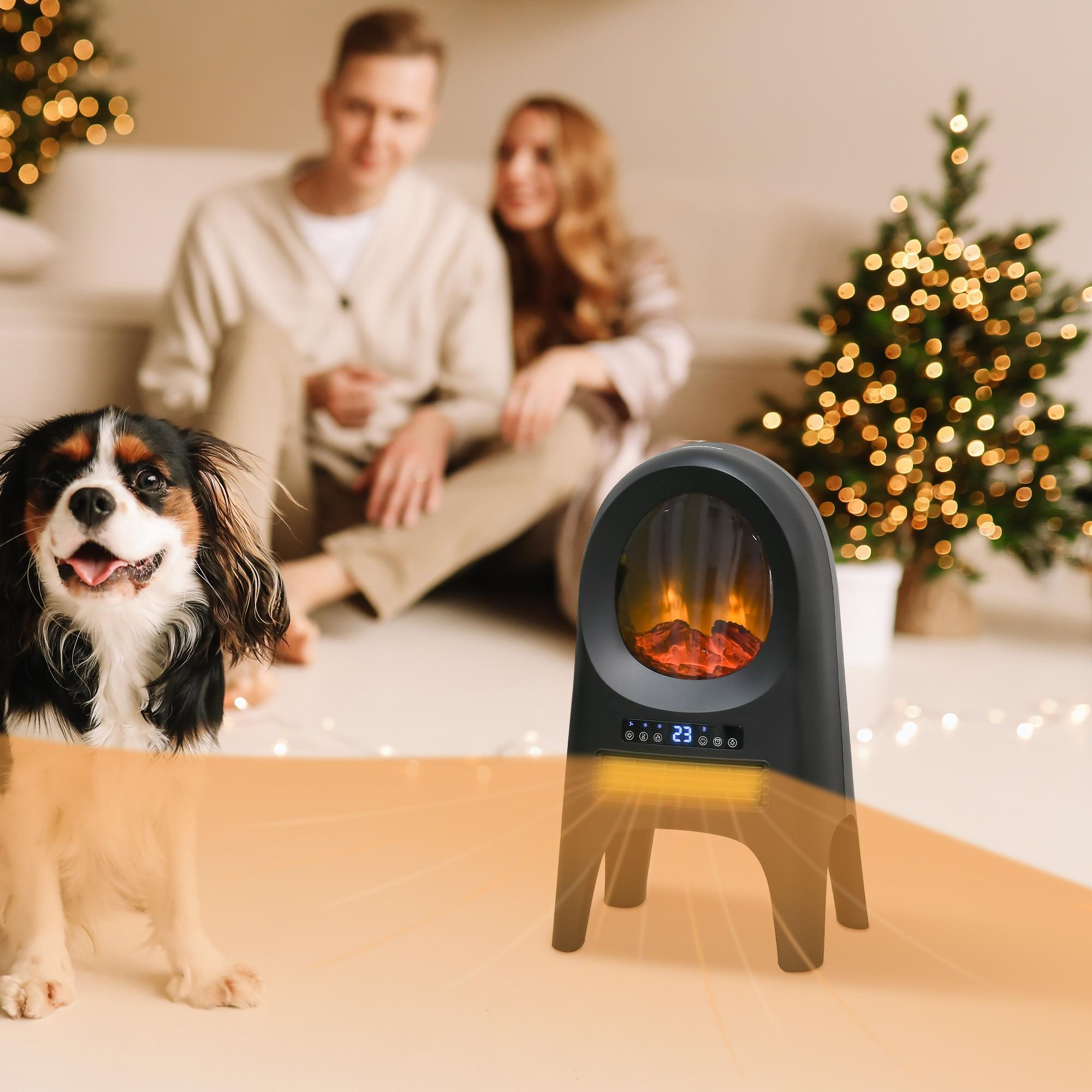 Ein schwarz-weißer Hund lächelt neben einer Heizung, im Hintergrund ein Paar und ein Weihnachtsbaum.