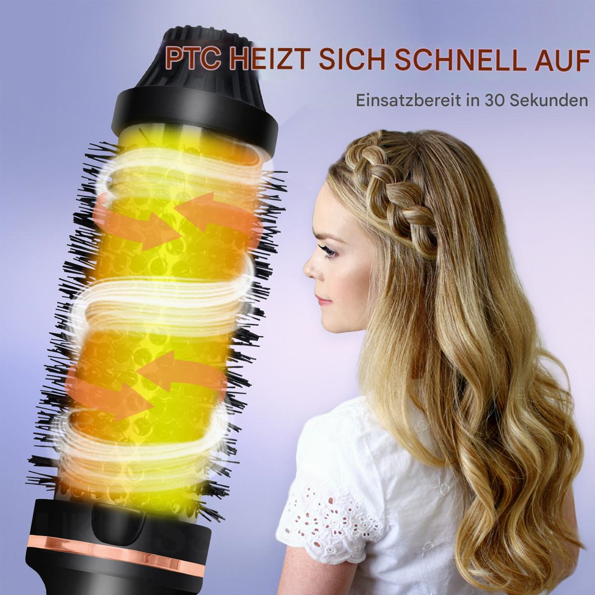 Frau mit gestylten Haaren, Haarstyler. Pfeile zeigen den Wärmefluss an. Text sagt, es heizt sich in 30 Sekunden auf.