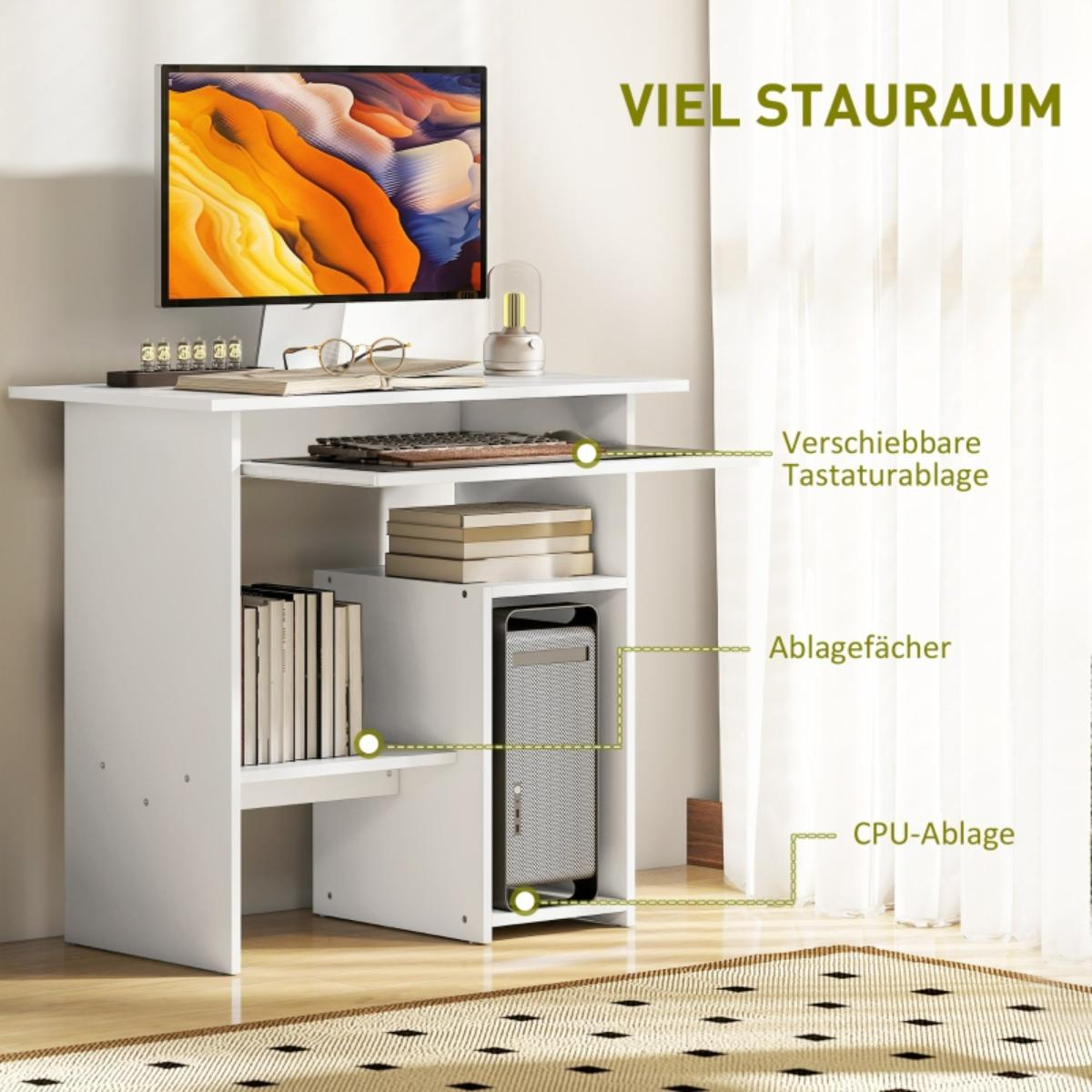 Weißer Computertisch mit Monitor, Tastatur, Büchern und CPU. Enthält Regale und eine ausziehbare Tastaturablage.
