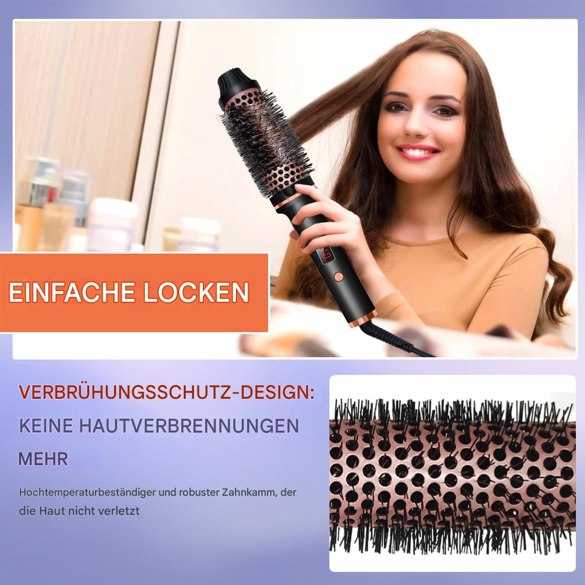 Frau benutzt einen Haarstyler und wirbt für einfache Locken. Nahaufnahme des Stylers und eines Haarteils.