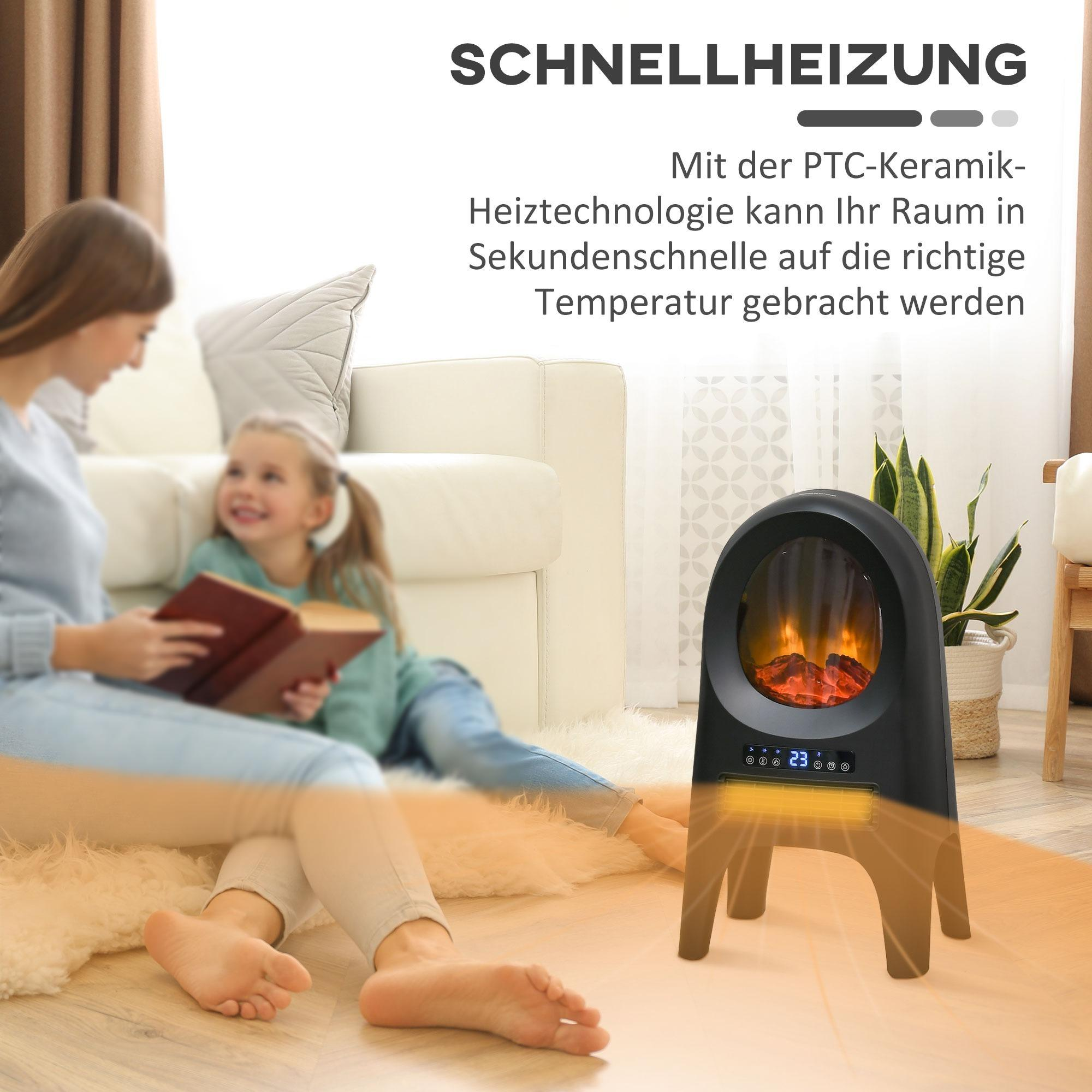 Eine Familie genießt eine Heizung. Eine Frau und ein Mädchen lesen ein Buch in der Nähe einer schwarzen Heizung.