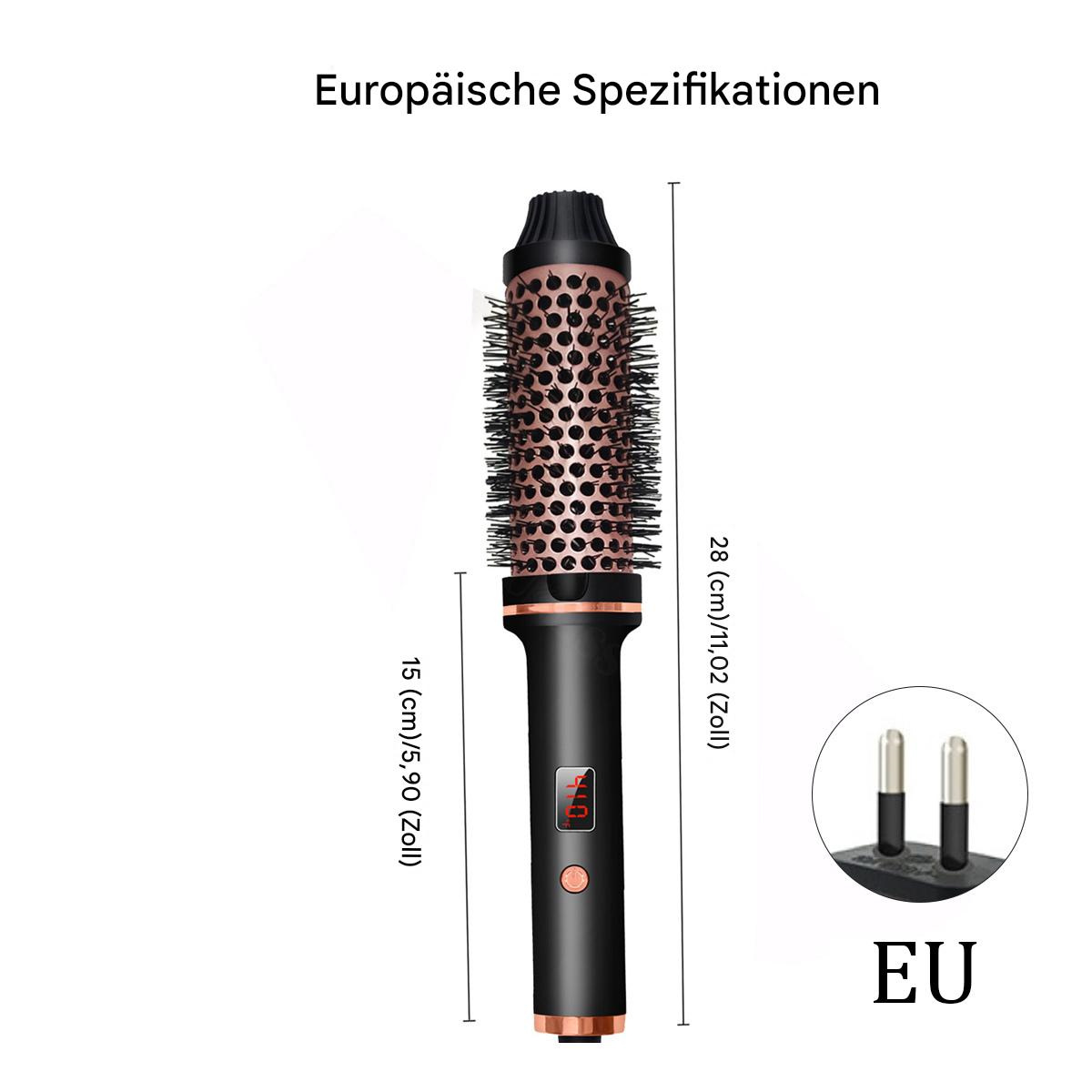 Haarstylingbürste, schwarz und bronze, mit Abmessungen. Sie hat eine Digitalanzeige und einen EU-Stecker.