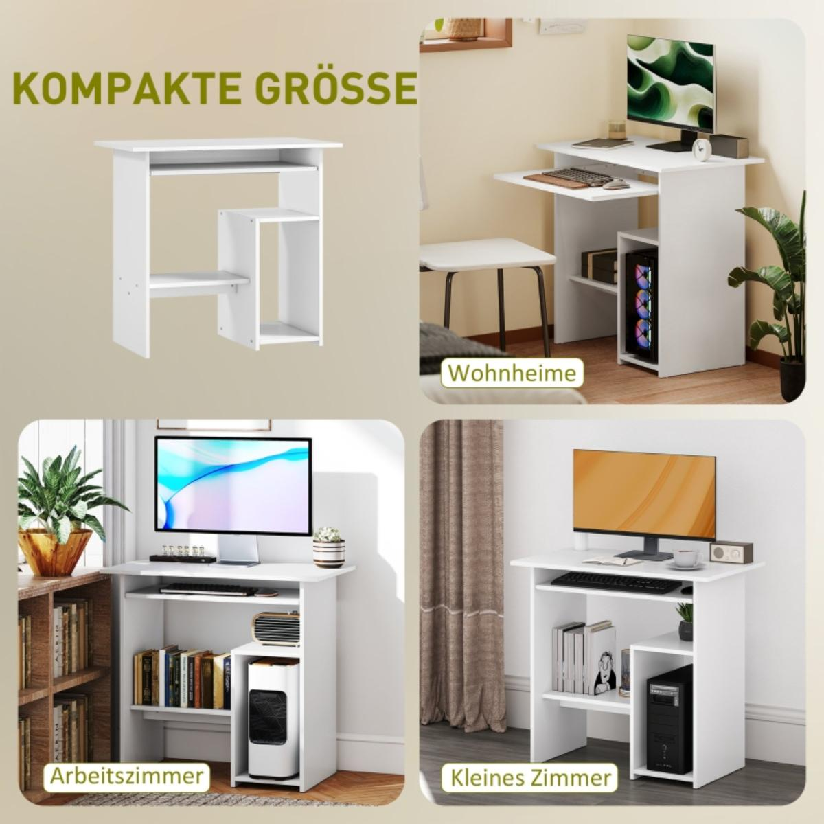 Vier Bilder von weißen Computertischen in verschiedenen Räumen. Die Tische haben eine ausziehbare Tastaturablage.