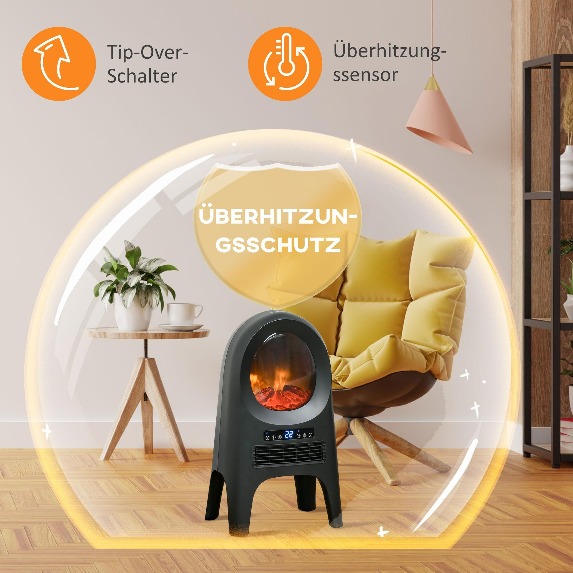 Ein schwarzer elektrischer Kamin mit einer Sicherheitsblasen-Grafik, mit Kipp- und Überhitzungssymbolen.