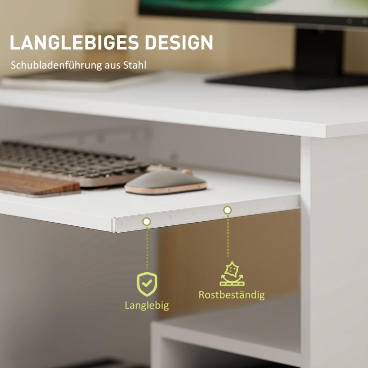 Nahaufnahme eines weißen Schreibtisches mit ausziehbarer Tastaturablage. Es hat eine Maus und eine Tastatur darauf.