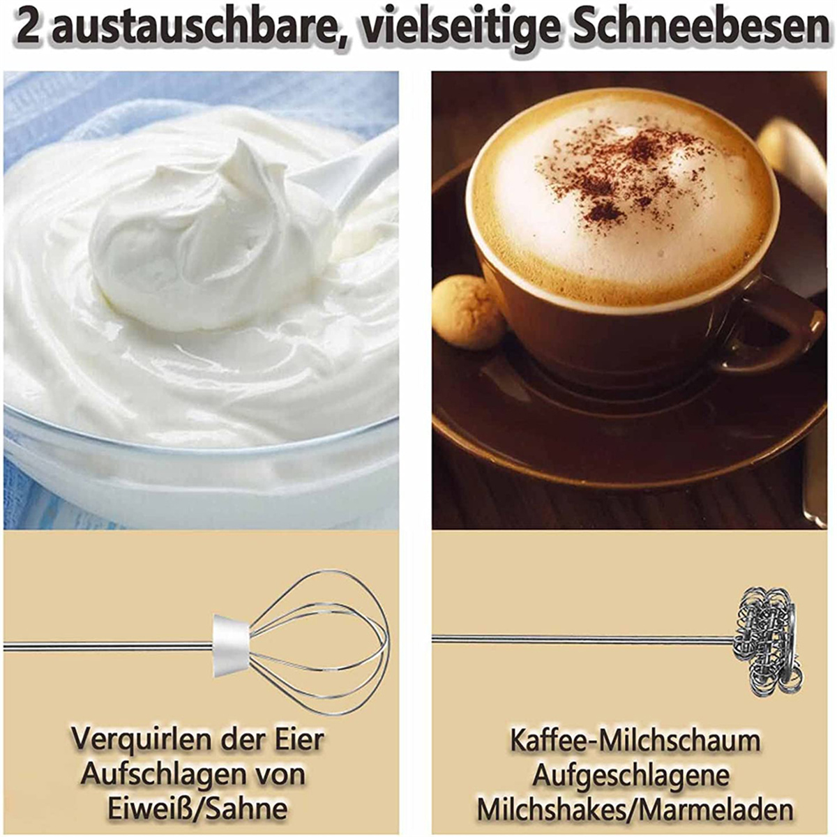 Zwei Bilder, eines von Schlagsahne und eines von Kaffee mit Milchschaum, mit den jeweiligen Schneebesen.