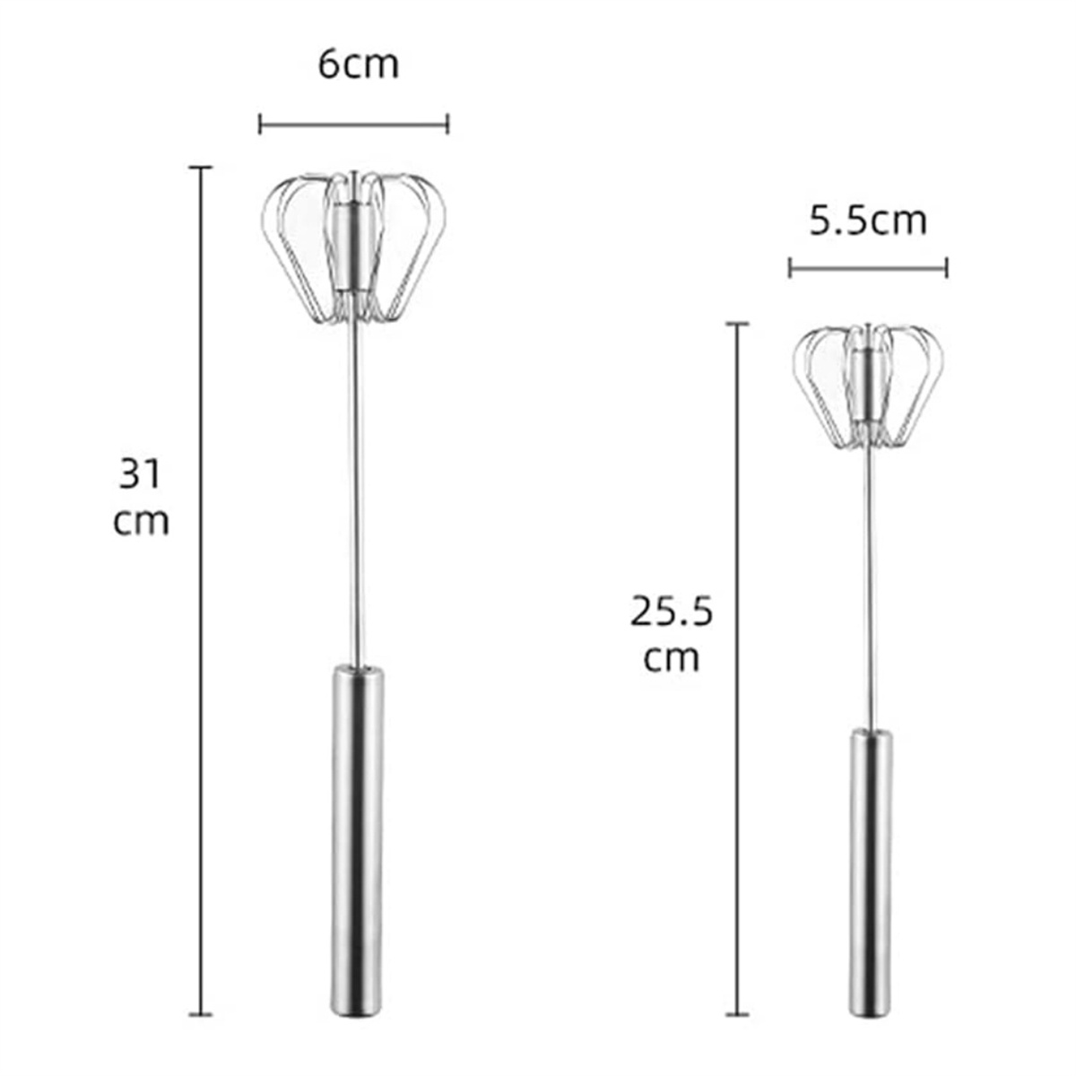 Zwei Schneebesen mit Abmessungen. Der größere ist 31 cm hoch, 6 cm breit. Der kleinere ist 25,5 cm hoch, 5,5 cm breit.