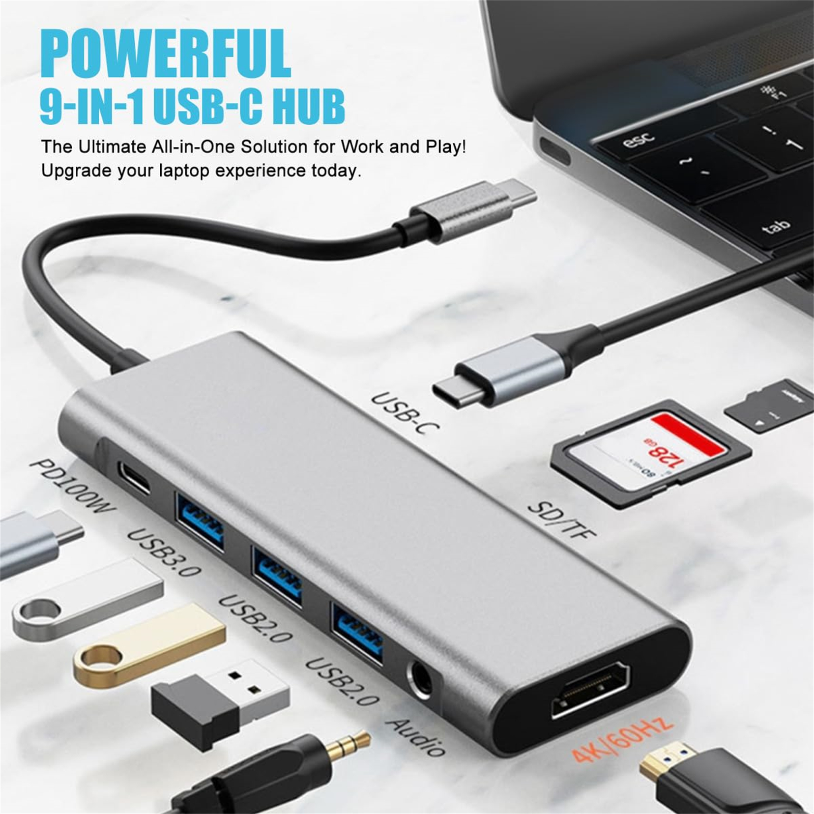 USB-C-Hub mit mehreren Anschlüssen, Anschluss an einen Laptop, verschiedene Stecker und SD-Karte. Silbernes und schwarzes Design.