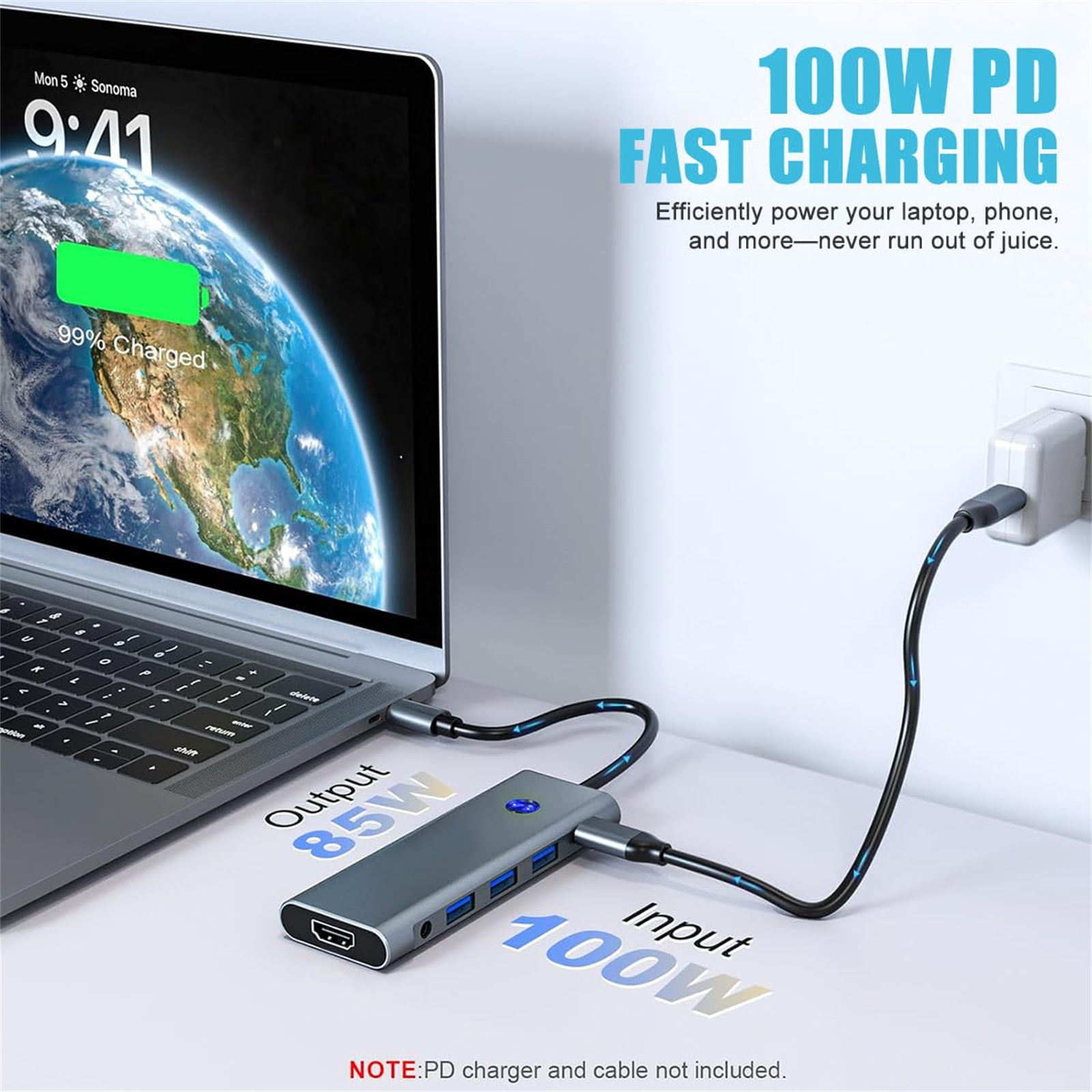 Ein Laptop, der mit einem USB-Hub geladen wird, mit einer 100W PD Schnelllade-Nachricht und einem Netzstecker.