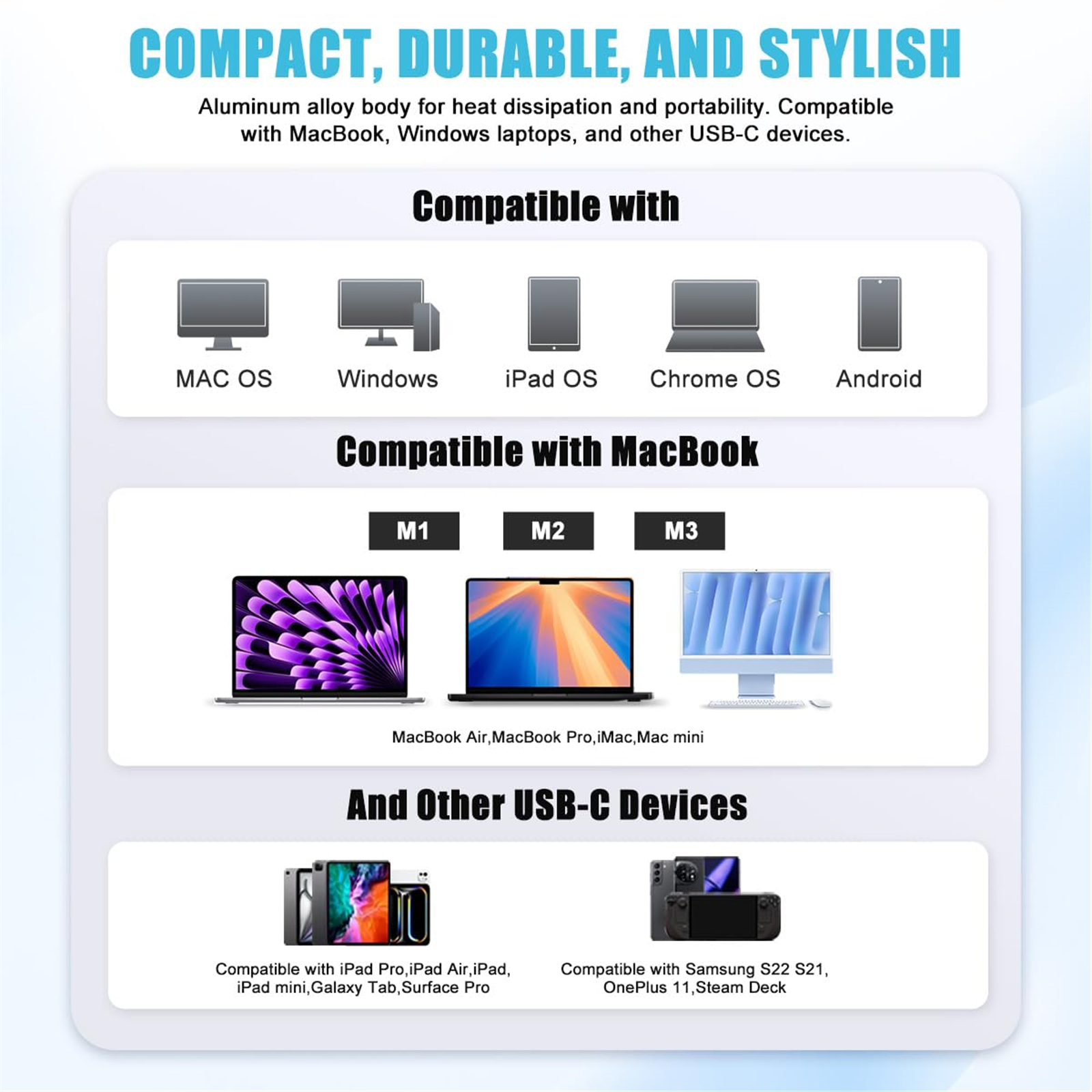 Diagramm mit Kompatibilität mit verschiedenen Geräten wie Macbook, Windows und Android. Text: Kompakt, langlebig und stilvoll.