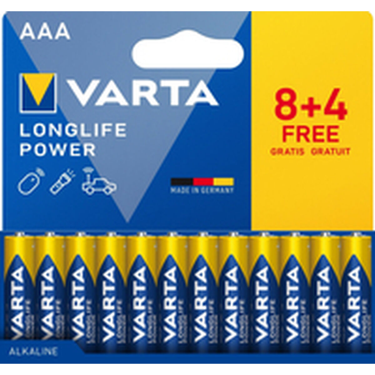 Een pak Varta Longlife Power AAA-batterijen, met 8+4 gratis. Blauwe en gele verpakking met batterij-iconen.