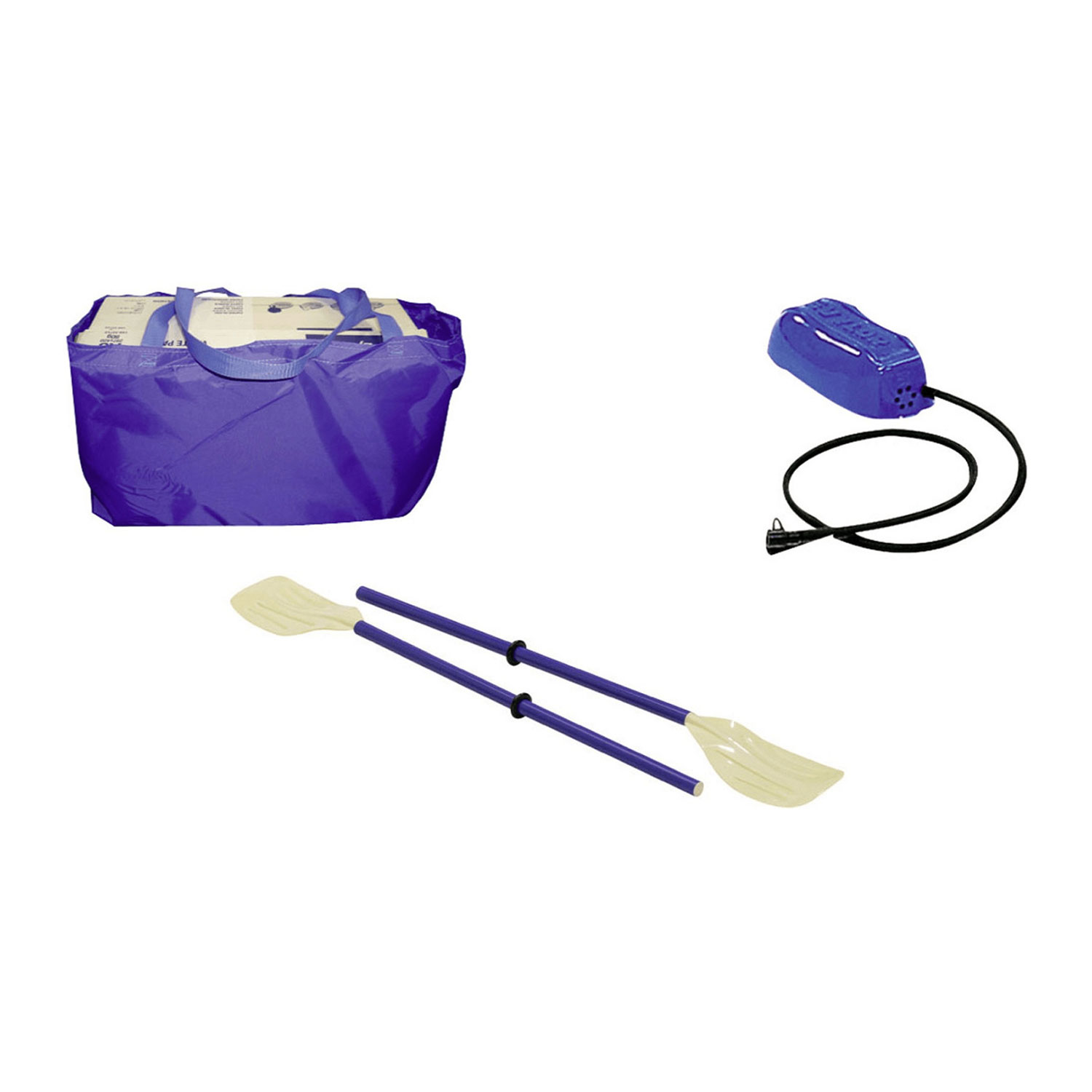 Un sac bleu, des pagaies et une pompe électrique bleue sur fond blanc.