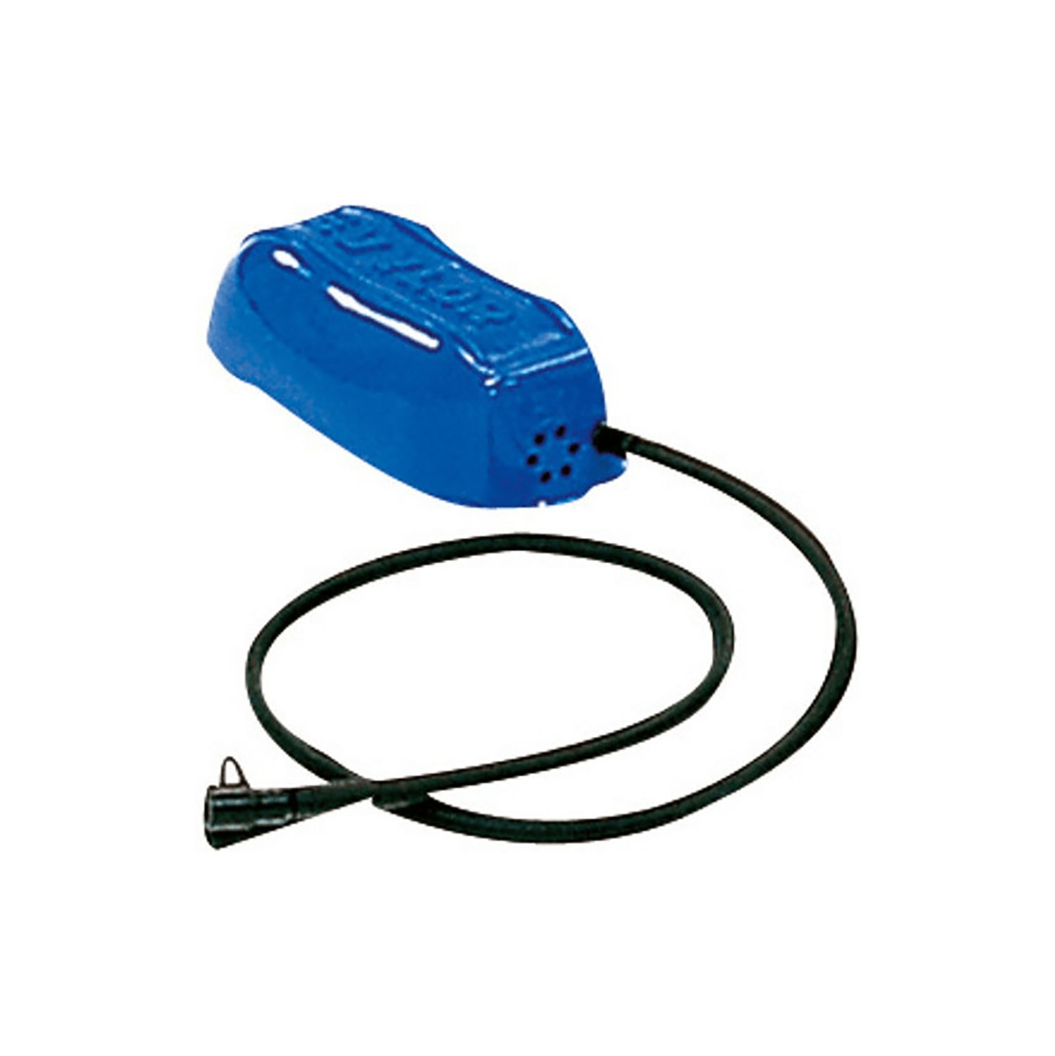 Pompe à air bleue avec un câble noir et une prise. Il y a trois buses noires et un interrupteur noir.