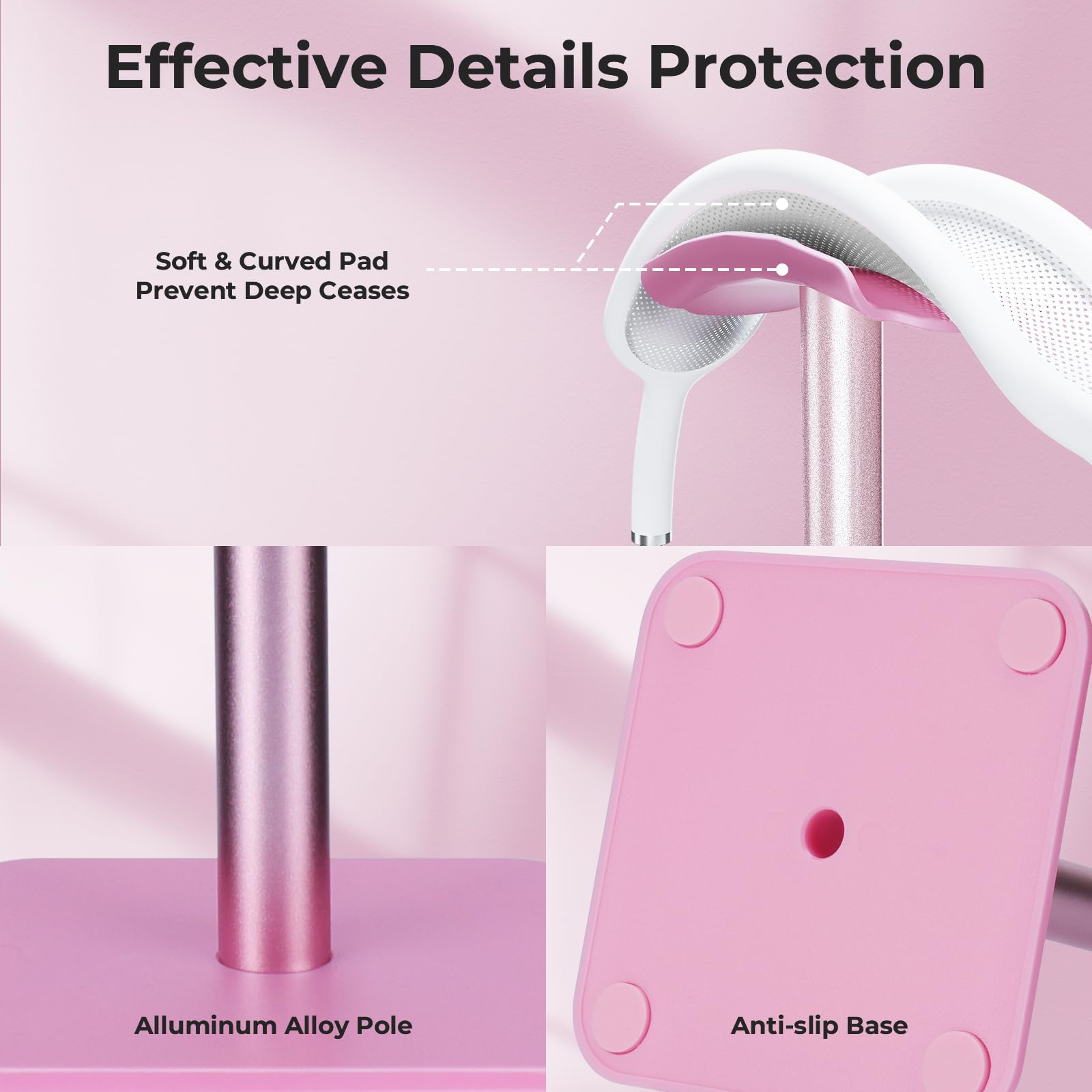 Nahaufnahme eines Kopfhörerständers, mit Basisdetails und einem Metallpfosten. Die Basis ist rosa.