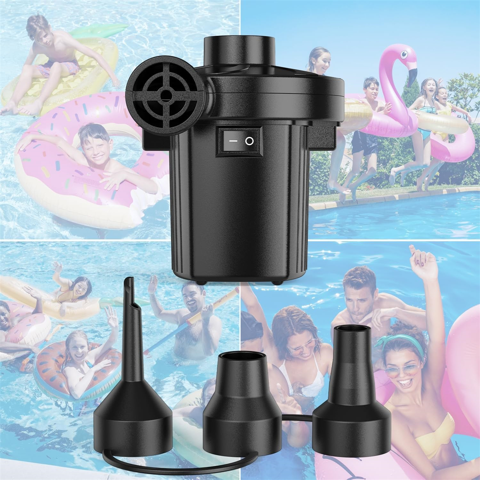 Schwarze Luftpumpe mit Aufsätzen und Personen mit Schlauchbooten im Pool.