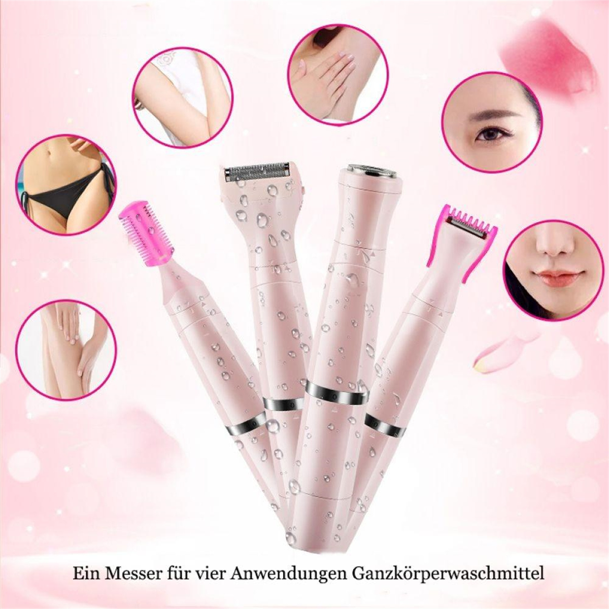 Mehrere rosa Haarentfernungsgeräte mit Diagrammen, die Anwendungsbereiche zeigen. Text auf Deutsch erscheint unten.