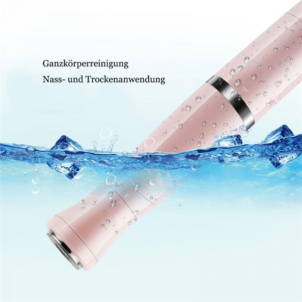 Rosa elektrischer Rasierer unter Wasser mit Eiswürfeln.