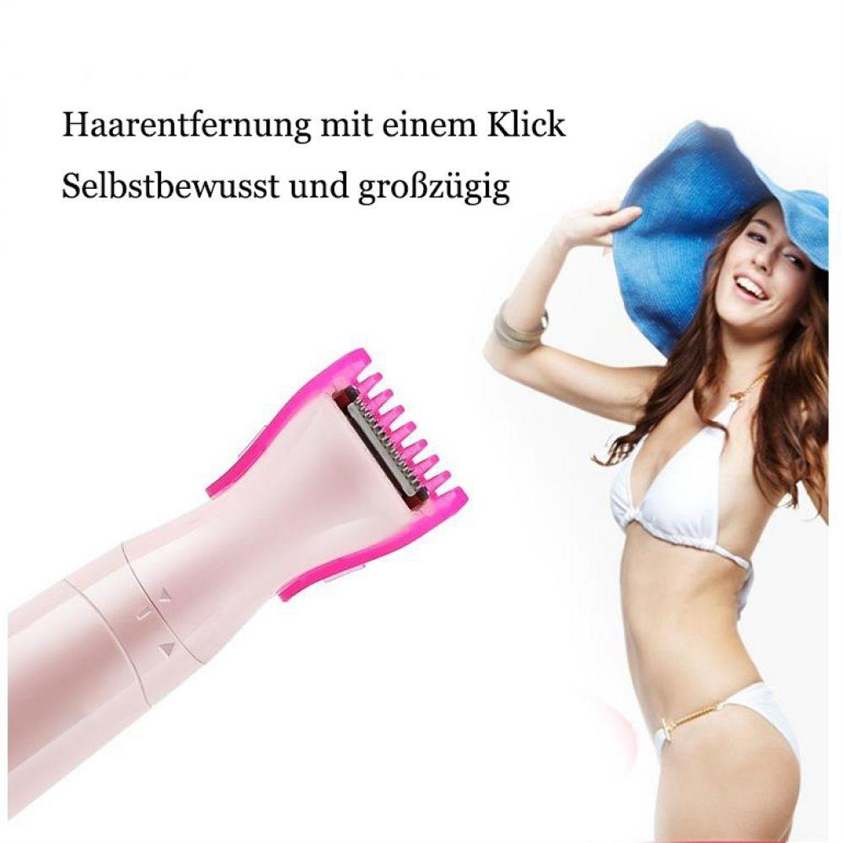 Rosa elektrischer Rasierer mit einer Frau in einem weißen Bikini und einem blauen Hut.