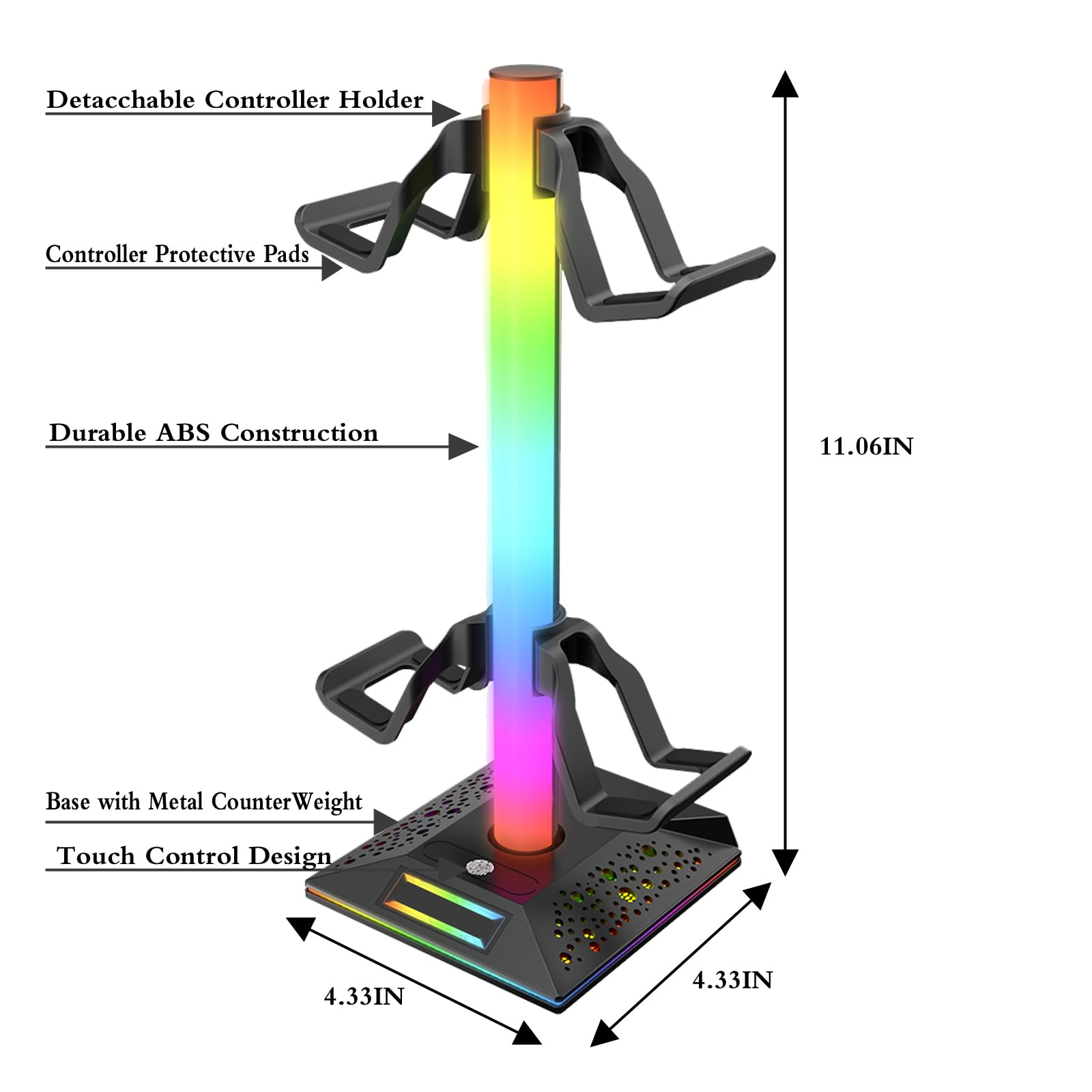 Ein Gaming-Ständer mit Controller-Haltern, Schutzpolstern und Touch-Control-Design.