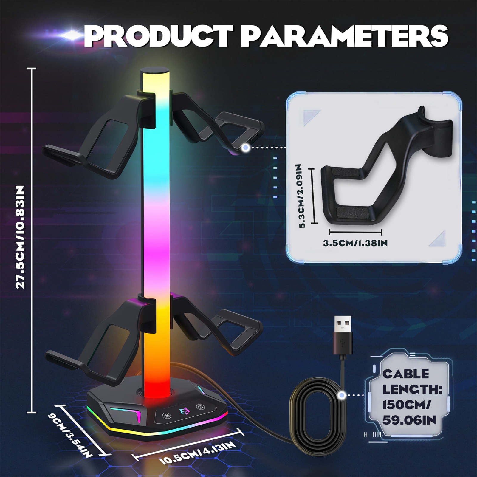 Ein Bild zeigt die Produktparameter eines Gaming-Ständers mit Maßen und einem Kabel.