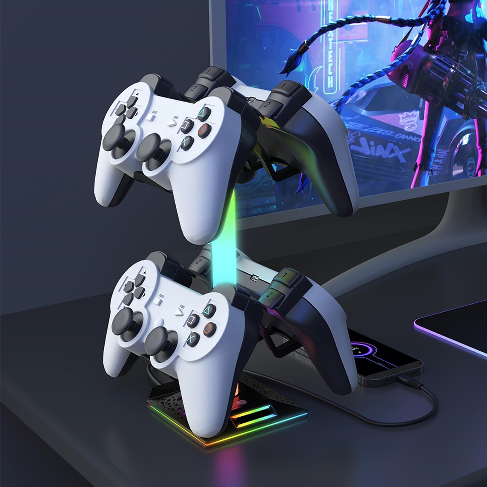 Gaming-Setup mit Controllern auf einem Ladeständer, beleuchtet von LED-Leuchten.