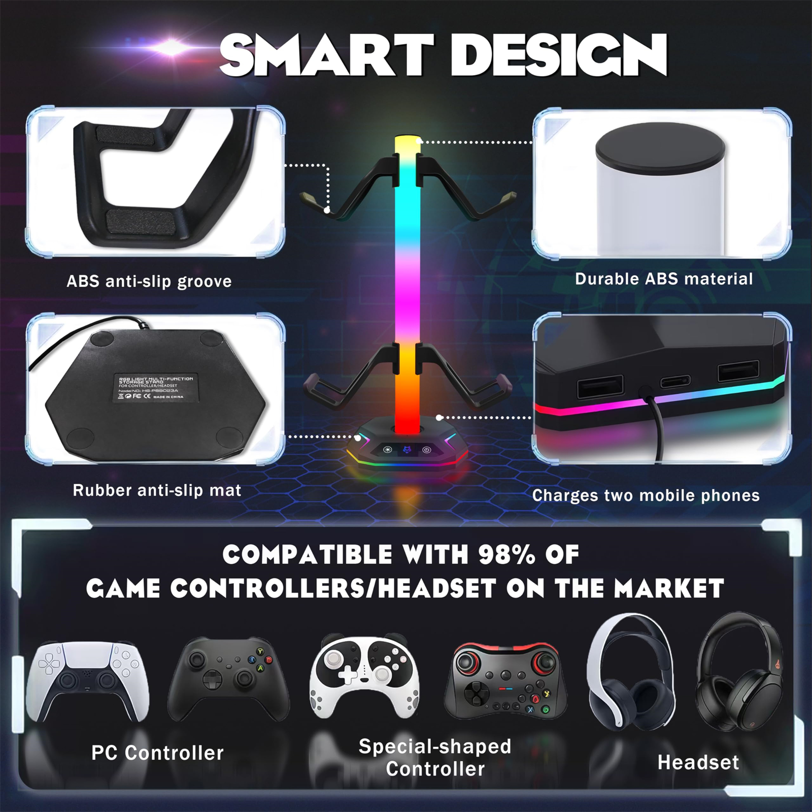 Gaming-Ständer zeigt Funktionen: Anti-Rutsch-Matten, USB-Anschlüsse und Gerätekompatibilität.