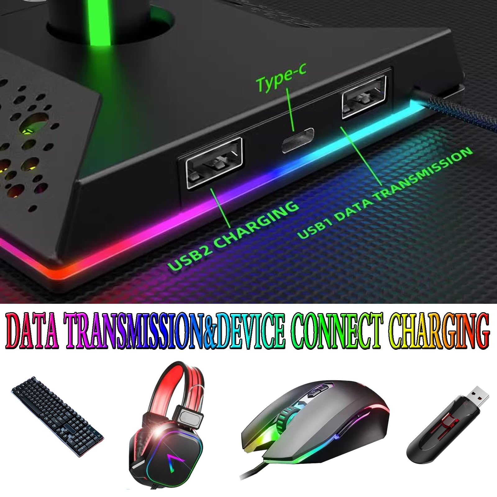 Nahaufnahme zeigt die Basis eines Gaming-Ständers mit USB-Lade- und Datenübertragungsanschlüssen.