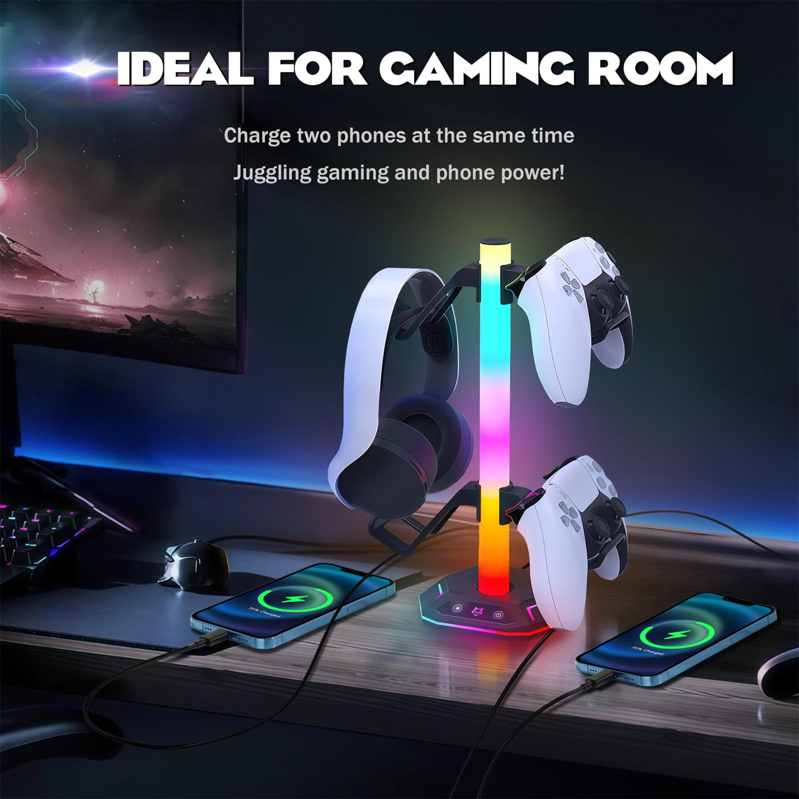 Gaming-Raum-Szene: Ständer lädt Telefone, hält Headsets und Controller mit LED-Lichtern.