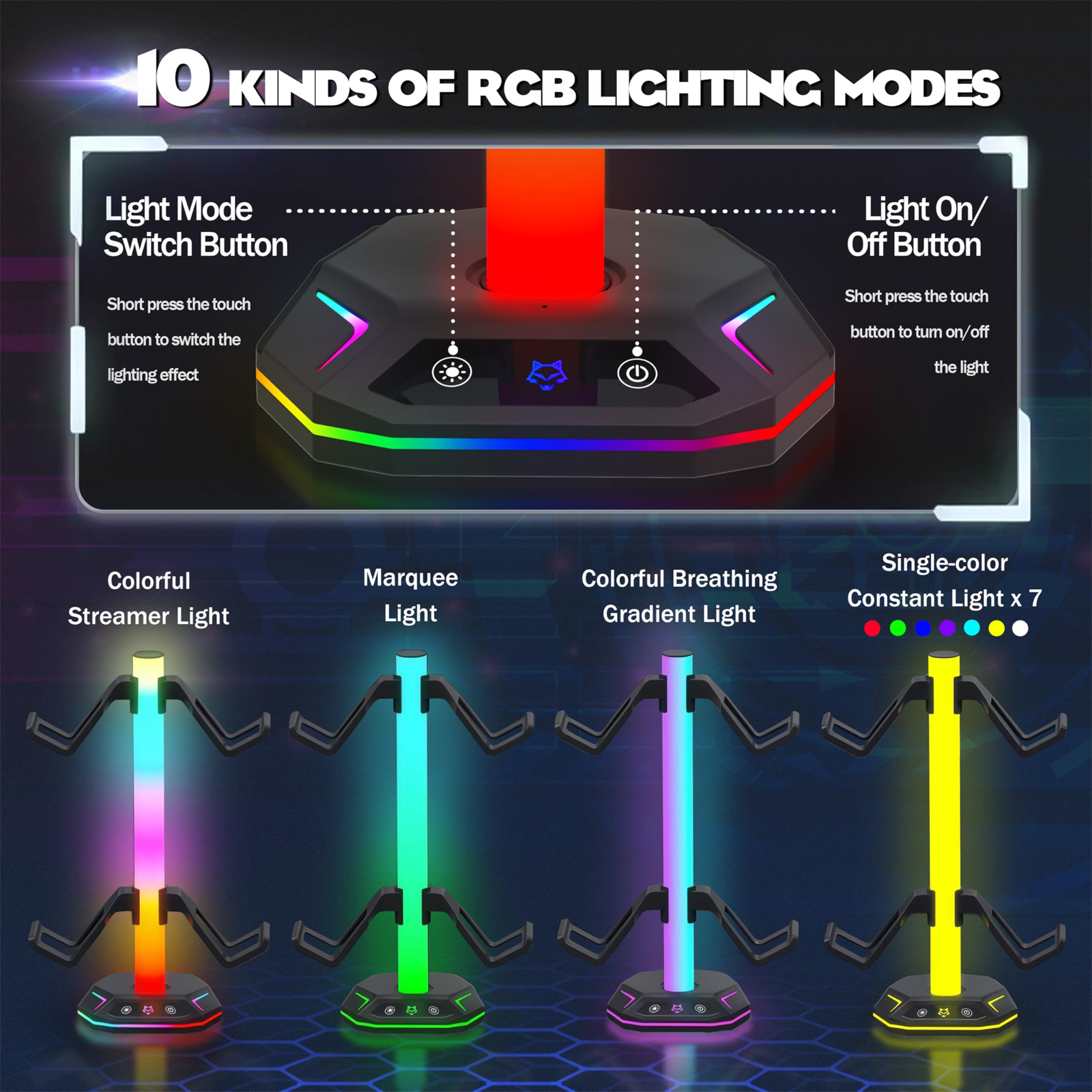 Ein Gaming-Ständer mit 10 RGB-Beleuchtungsmodi wird angezeigt, mit verschiedenen Lichteffekten.
