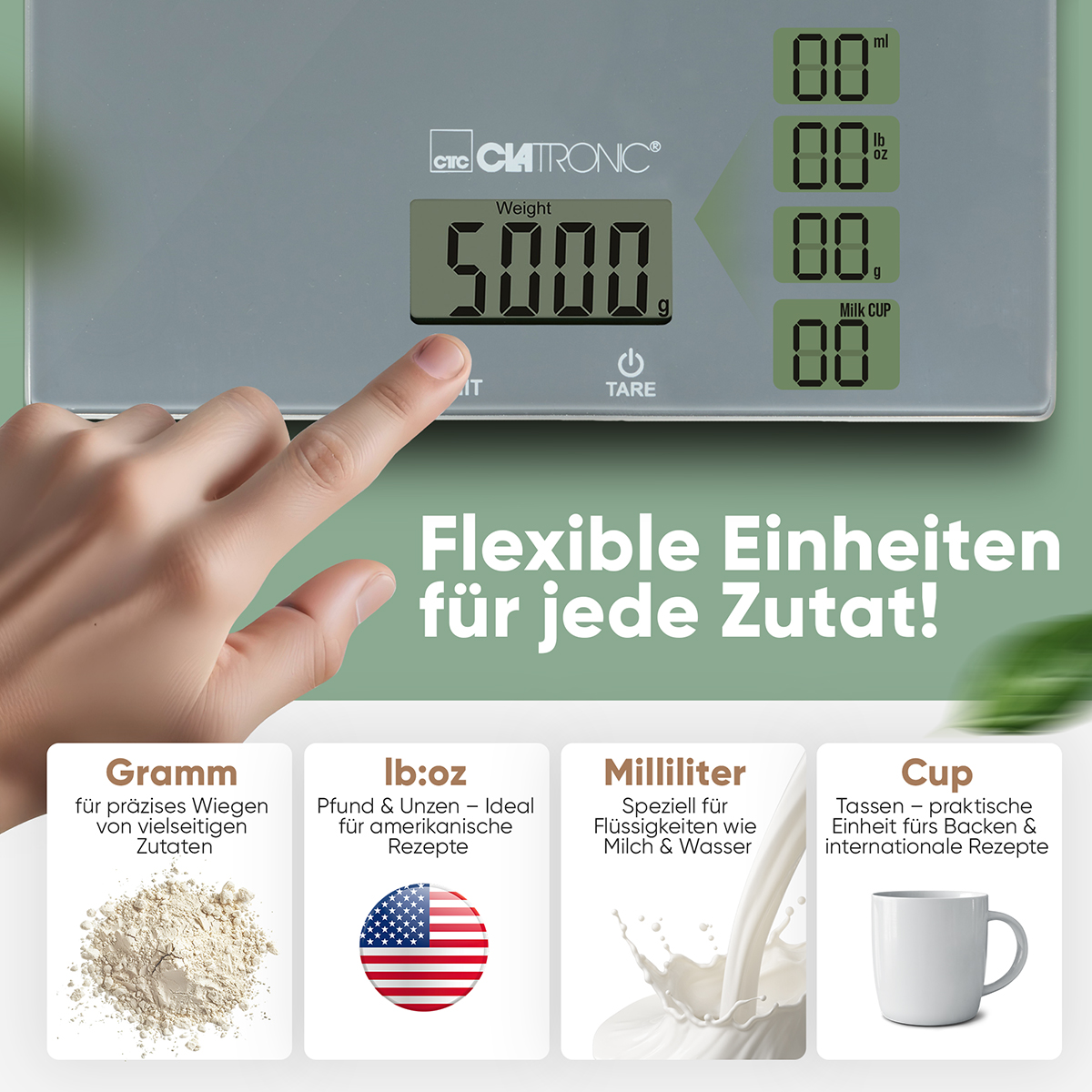 Cyfrowa waga kuchenna pokazująca 5000g z różnymi jednostkami miary: gramy, lb:oz, mililitry i filiżanka.