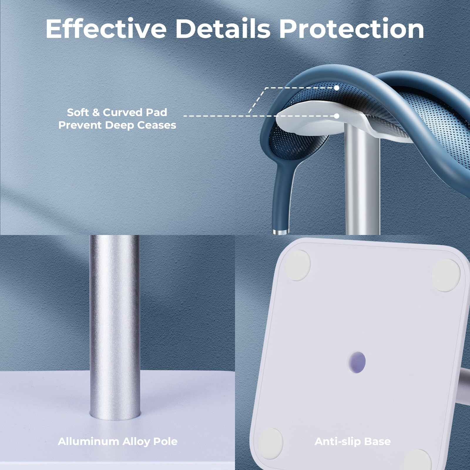 Ein Kopfhörerständer mit Aluminiumstange und weißer Basis, Nahaufnahme der Details.